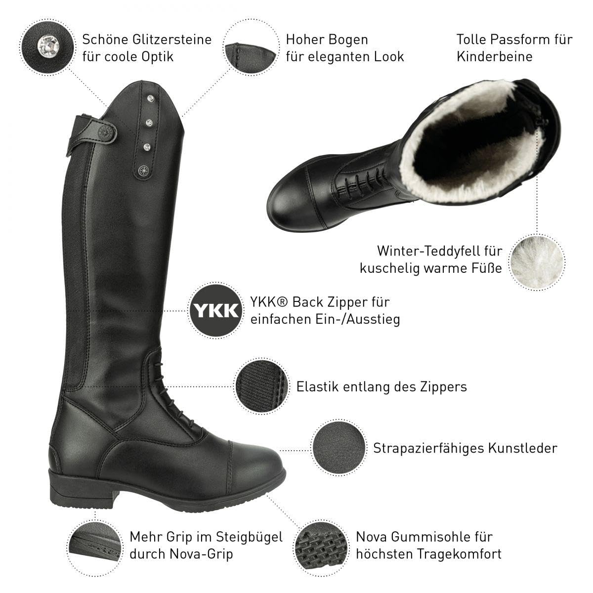 Kinder-REIT-Stiefel »NOVA Kids Fun Winter Glitter« von Suedwind© – Teddyfell – Glitzer - YKK© – Hautverträglich – Atmungsaktiv – Wasserabweisend