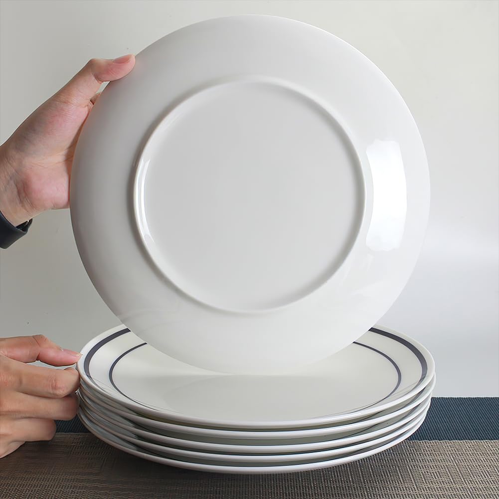 YFWOOD Lot de 6 assiettes plates en céramique de 26,7 cm - Résistantes aux rayures - Résistantes aux rayures - Double ligne blanche et bleue