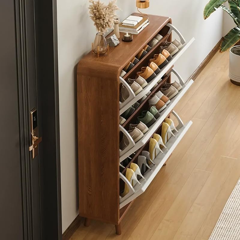 Slish Modern Shoe Cabinet Organizer - 47" L x 7" W x 47" H, Brown & White Entryway Storage with Space-Saving Drop Shelves for Shoes, Perfect Foyer Solution & Stylish Home Decor