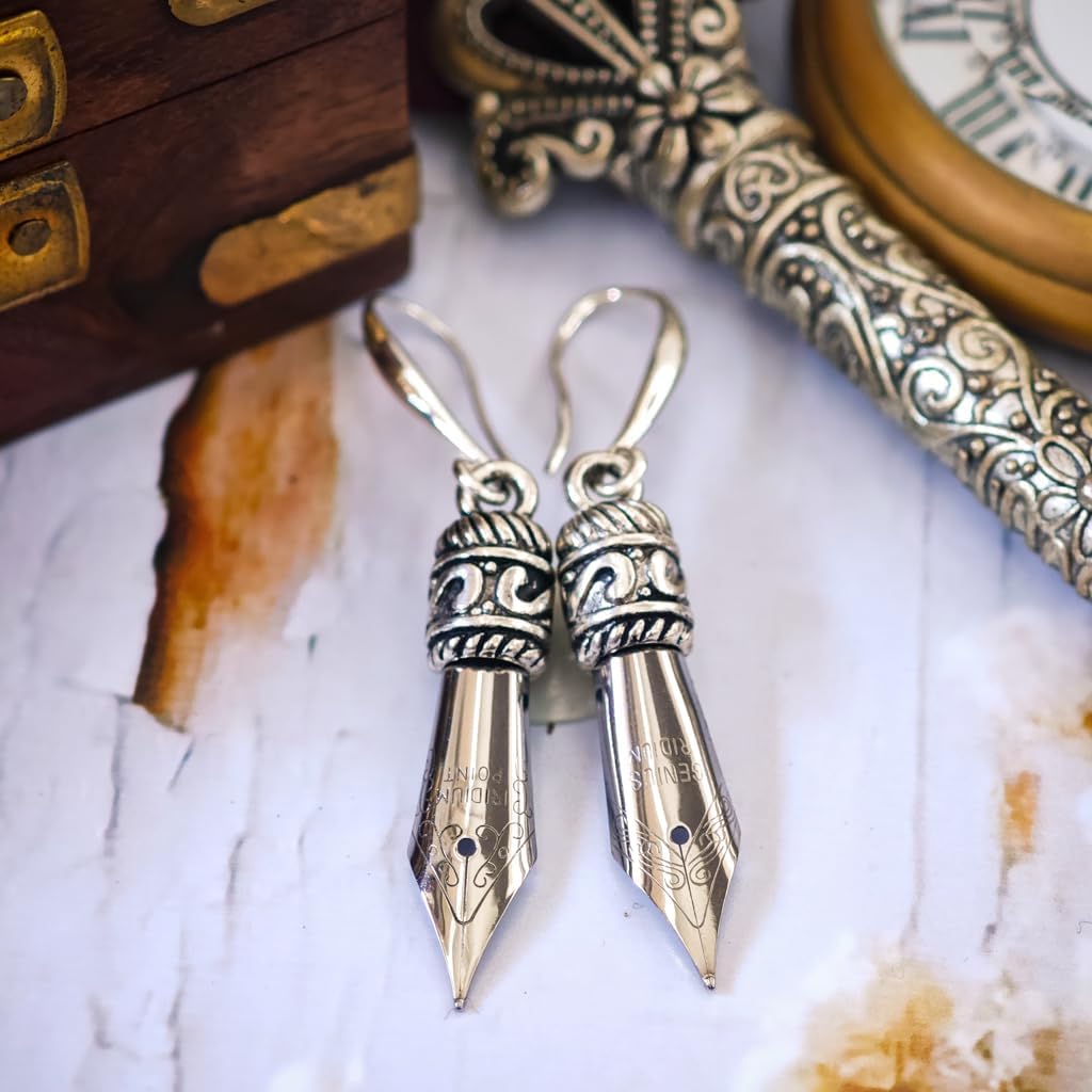 Pen Nib Earrings in Gold colour in gift Velvet Pouch with no allergic Sterling Silver 925 Ear Wire Closure