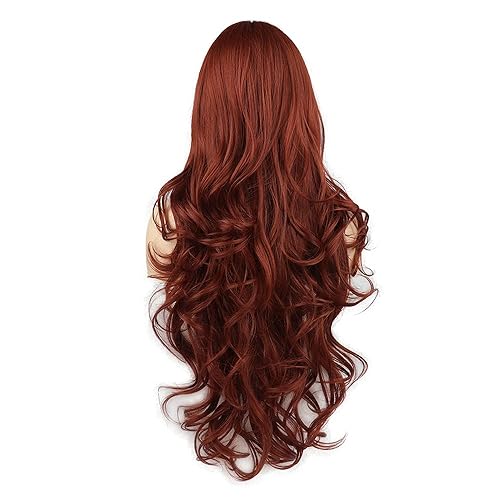 Miniatura 4 de SYXLCYGG Pelucas largas de color castaño rojizo de 28 pulgadas, pelucas sintéticas onduladas para uso diario, disfraces de Halloween, peluca de