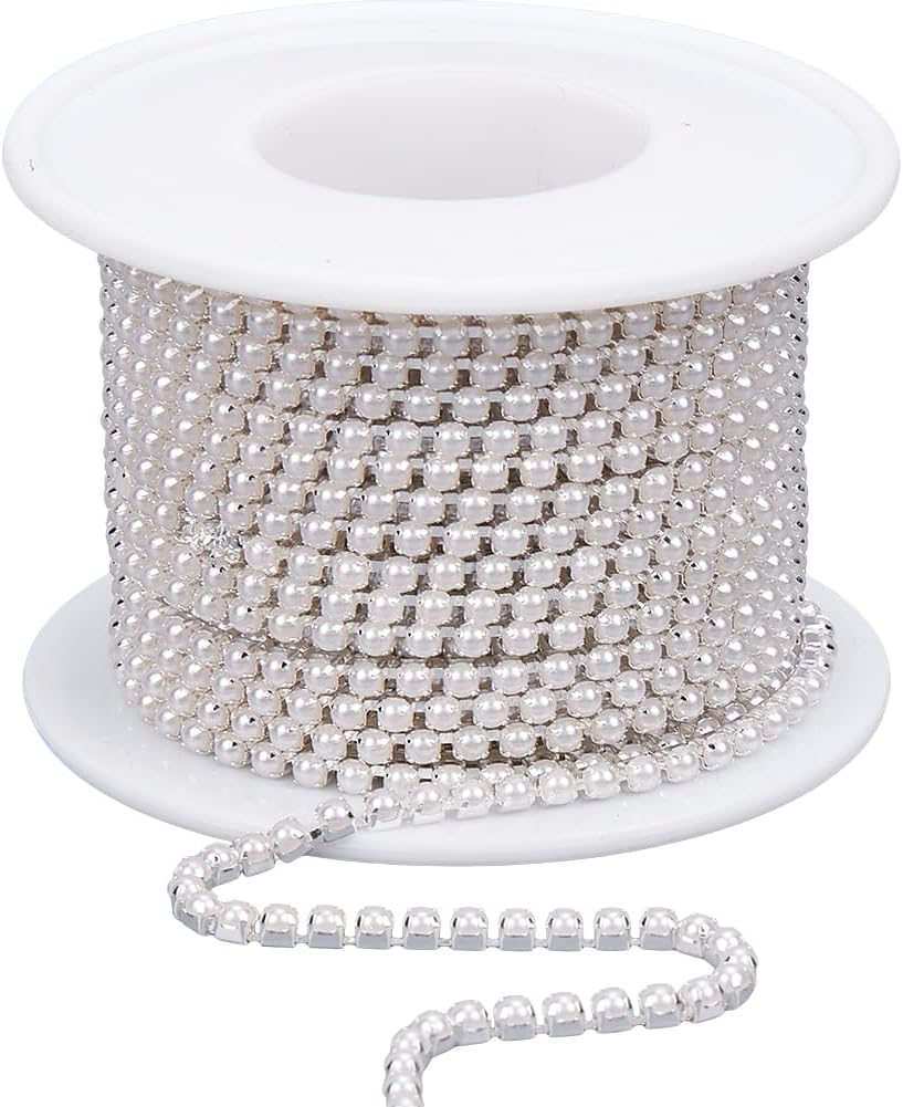 10 Yards/9.14m 3mm Pearl Trim Chain Silver Applique Trim Brass Claw Close Cup Flat Half Round Pearl Beaded Craft Link Chain Accessories for DIY Clothing Sewing Jewelry Wedding Party Decor