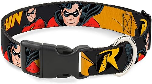 Collar de perro Clip de plástico Robin Rojo Negro Poses Gris 9 a 15 pulgadas 0.5 pulgadas de ancho