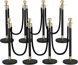 Crowd Control Barriers Black Gold Stanchions Posts, 8pcs Poles and Black Velvet Ropes 6pcs, Queue Barrier Line Divider with Fillable Plastic Base for Airport,Parties,Grand Opening