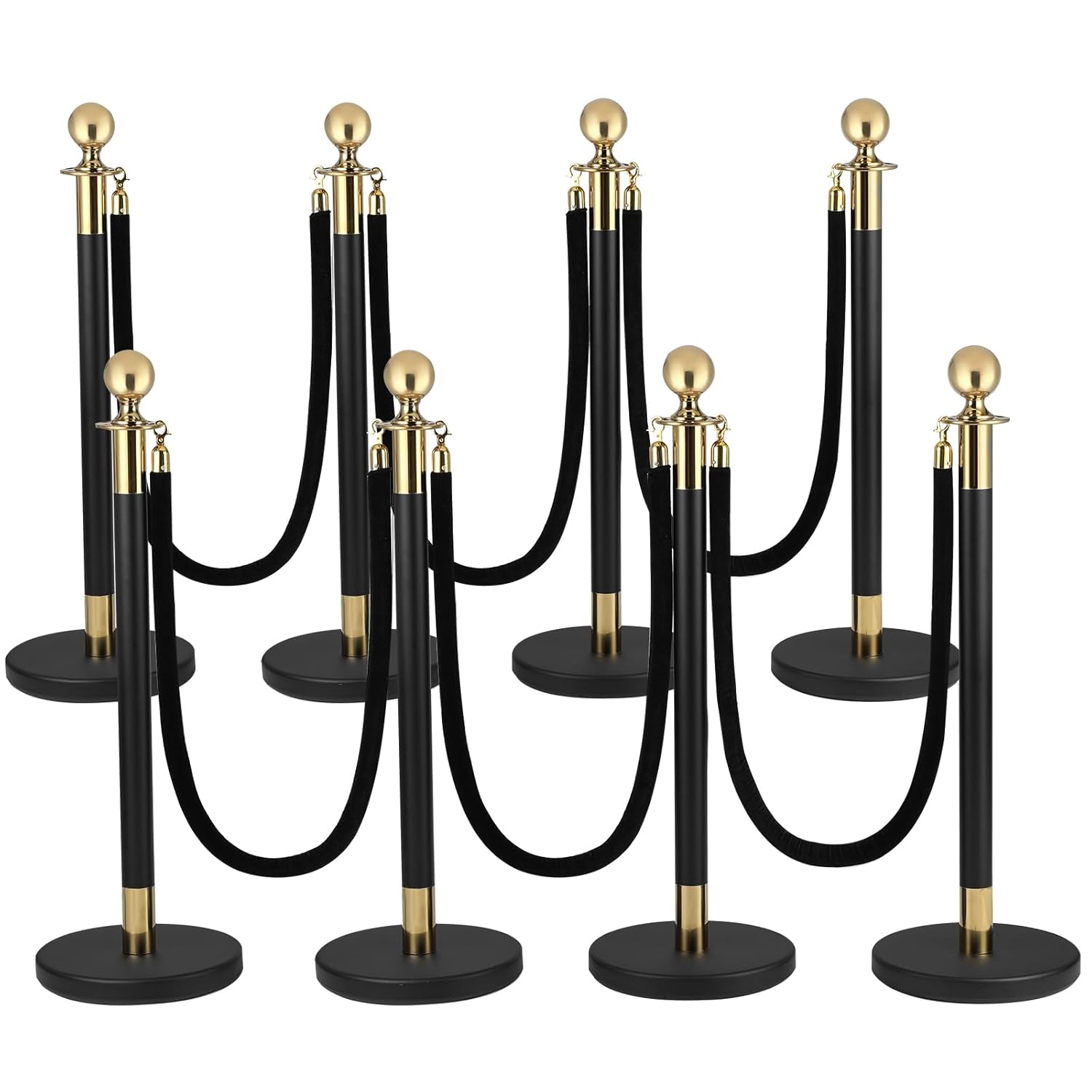 8PACK Stainless Steel Stanchion Post Queue 5 ft Black Velvet Ropes and Stanchion Poles Set Crowd Control Barriers with Fillable Base Used for Party Wedding Theaters Red Carpet - Black & Gold Color