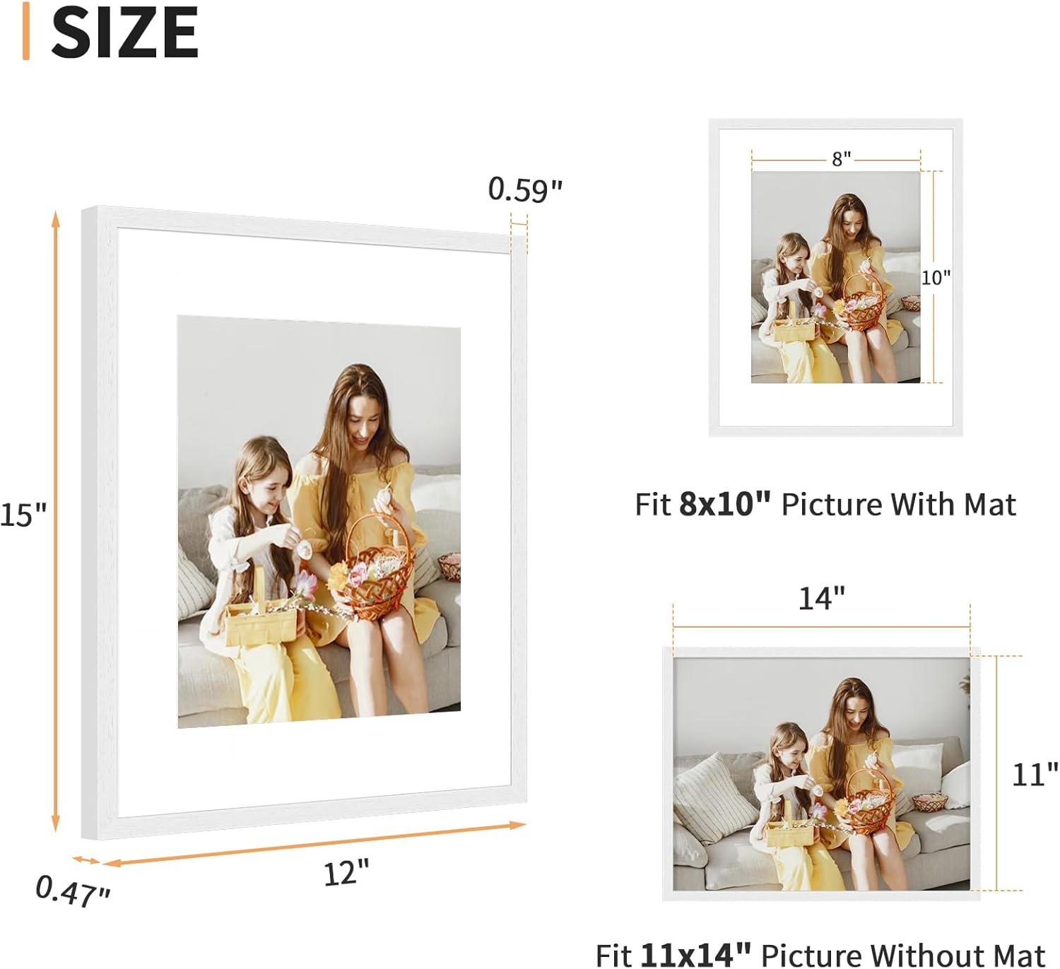 11x14 Picture Frame Set of 4, Displays 8x10 with Mat or 11x14 Without Mat, Photo Frames for Wall Hanging or Tabletop, Includes HD Plexiglass, White - Image 2