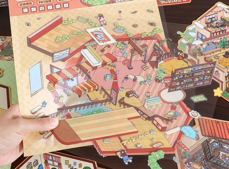 Wnqou 3D Stickerboeken – 4 Sets Chinees Thematische Scènes, Mistige Regen Jiangnan, Bloemen, Blauw-Wit Porselein – Voor Volwassenen En Kinderen, Creatief Cadeau