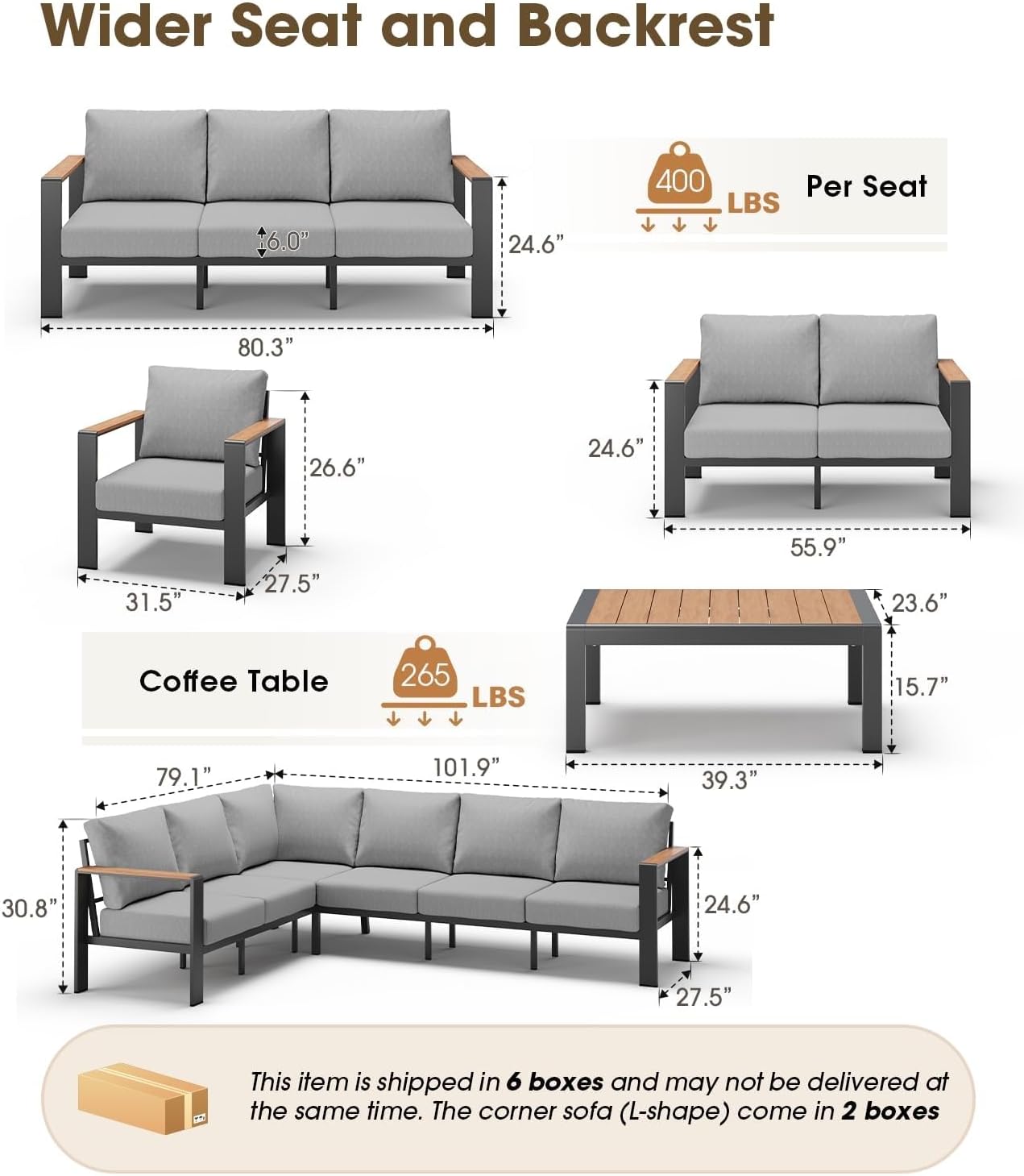 Aluminum Outdoor Patio Furniture Set 8 Seats Outdoor Sectional Corner Sofa Patio Conversation Sets with Coffee Table Washable Thick Cushions for Backyard Porch Balcony