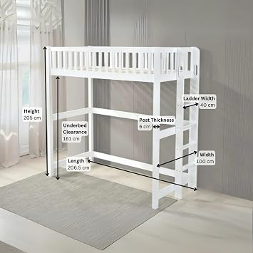 Reinforced Beds 3FT Single (90x190cm) Wooden Beccles High Sleeper, Universal Ladder (Painted White, Single)