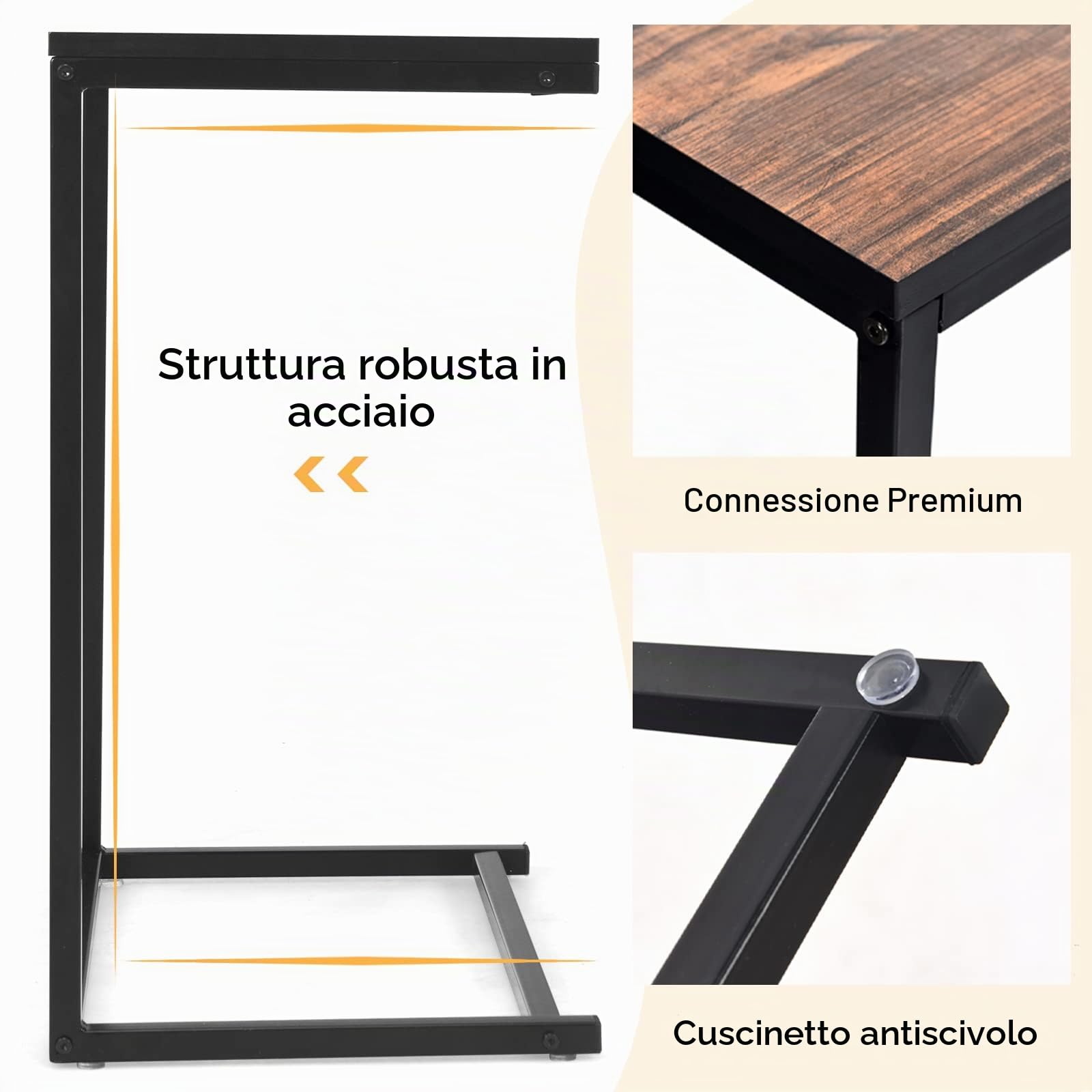 GIANTEX Tavolino a Forma di C, Tavolino Salvaspazio, Struttura in Legno e Ferro, Industriale, Ideale per Soggiorno, Camera da Letto, Ufficio, 55x35x65 cm, 2 Colori Disponibili