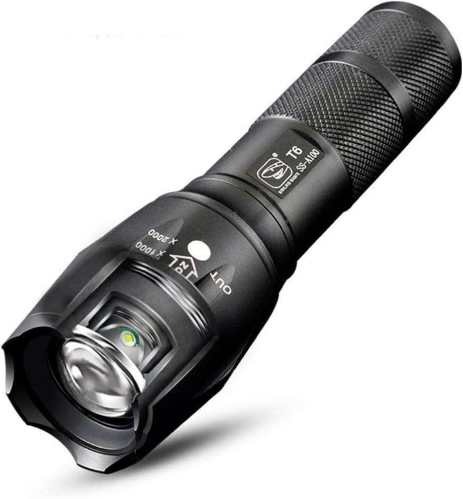 Mianbaoshu LED Lamp Aluminum Alloy A100 T6 LED Bright LED Flashlight Tactical Portable Waterproof with Adjustable Focus and 5 Light for Camping Hiking etc(18650 Li-ion Battery + Charger (Black).