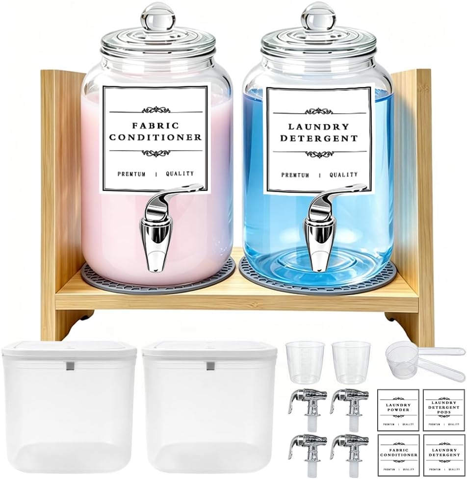 2 Laundry Detergent Dispenser 2 Glass Laundry Detergent Dispenser (108OZ) Includes Bracket Comes with 4 Faucets and 2 Non-Slip mats. Suitable for Everyday Laundry and Storing Beverages