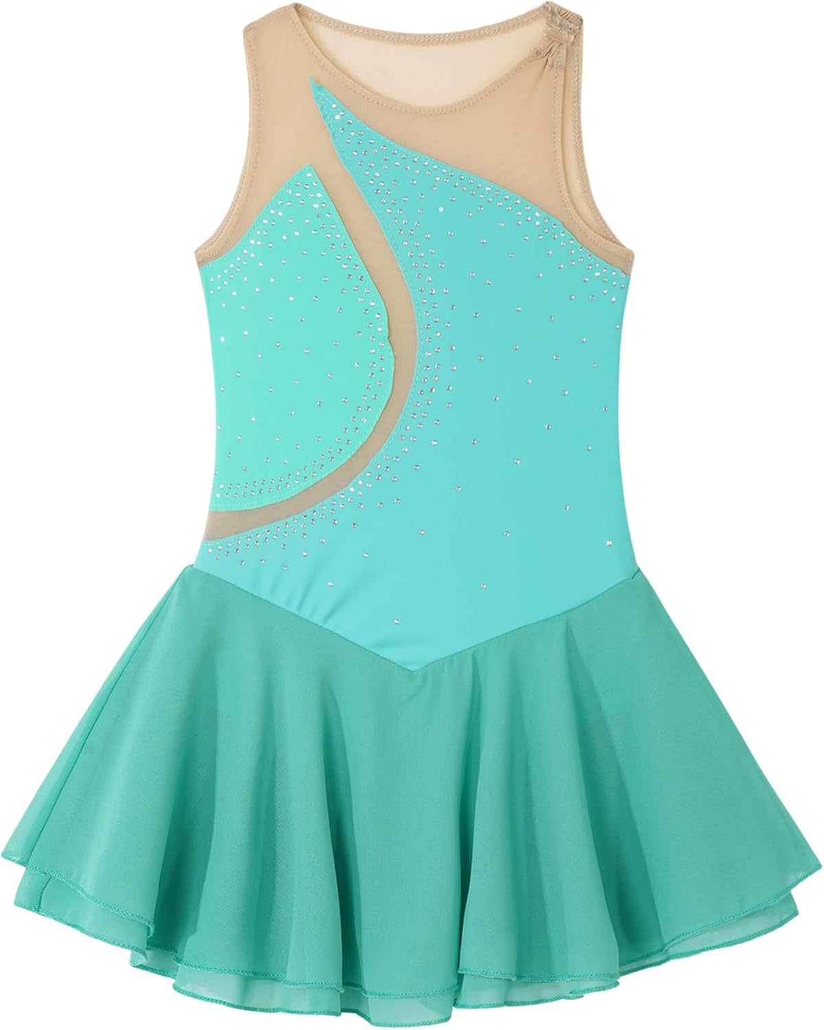 Kids Girls Sleeveless Figure Ice Skating Dress Leotard Mesh Splice Roller Skating Dance Performance Costume