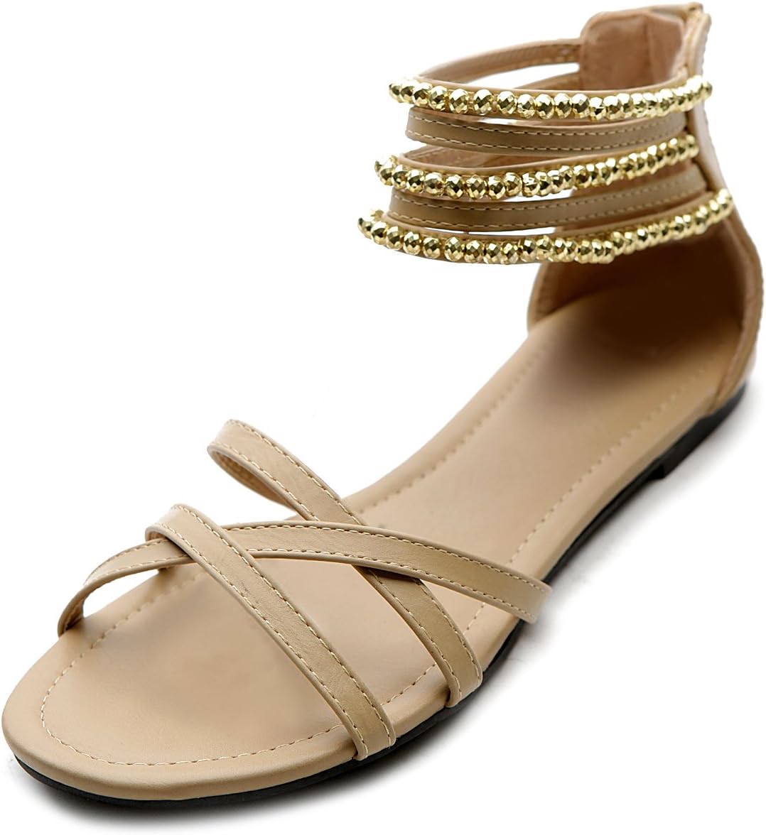 Ollio Women's Shoe Gladiator Zipper Ankle Strap Multi Color Studded Sandal M1968(6 B(M) US, Beige)
