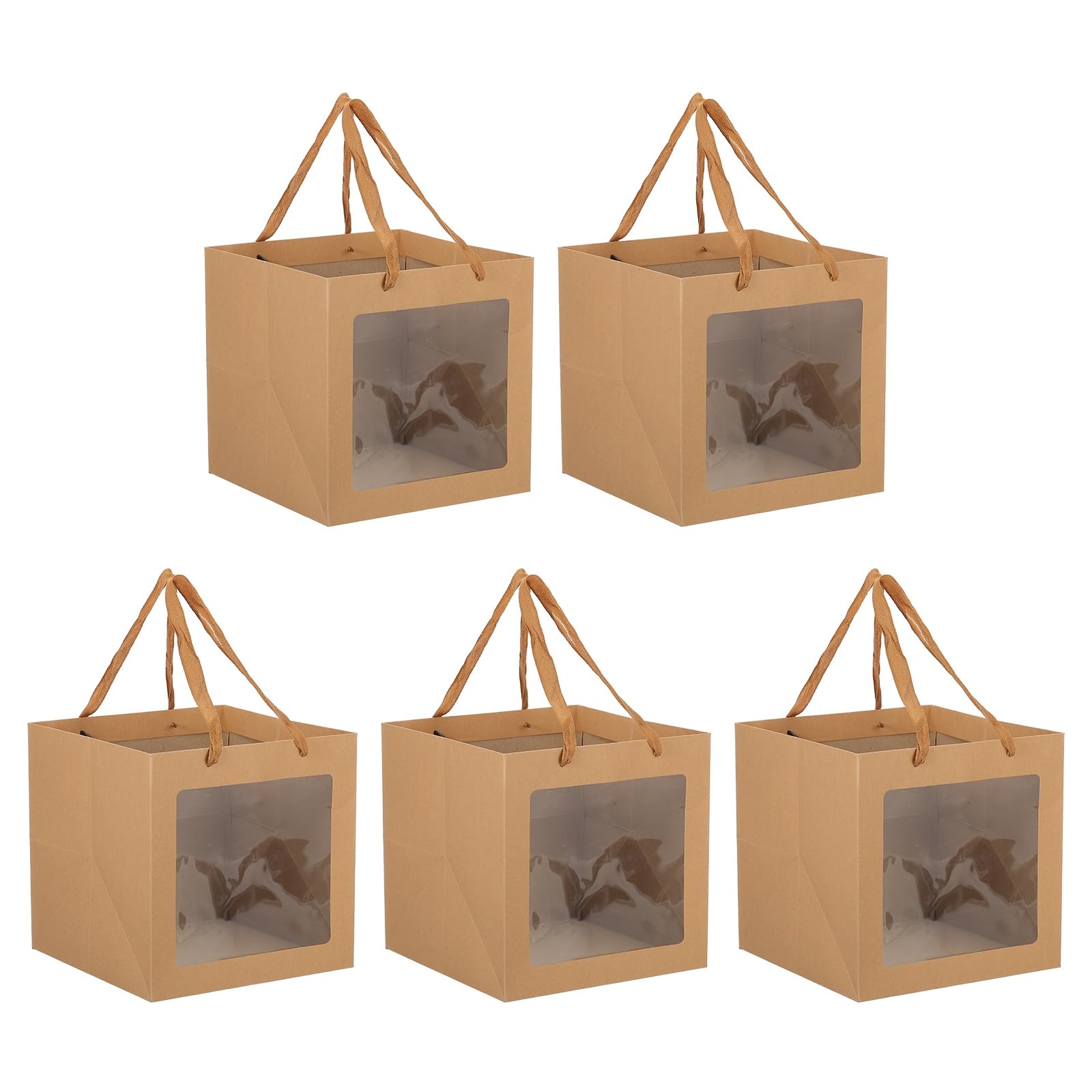 PATIKIL 5 Pcs Paper Gift Bags with Window, 25 x 25 x 25cm Square Medium Kraft Gift Wrap Bags for Wedding Birthday Bridesmaid Party Shopping, Light Brown