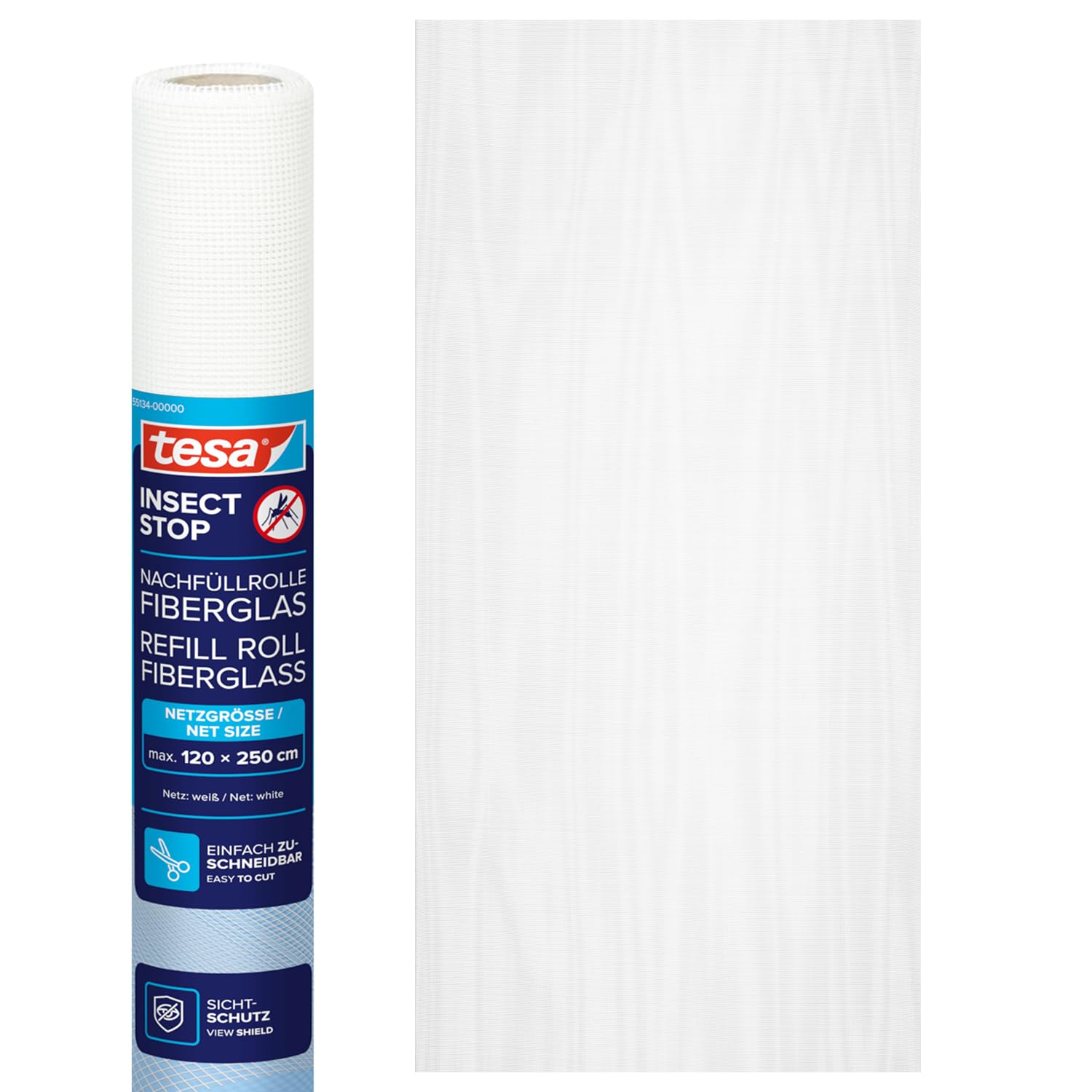 tesa INSECT STOP Refill Roll Fiberglass - rolka wymienna z siatką z włókna szklanego do moskitiery - 120 x 250 cm, biały (lekka prywatność)