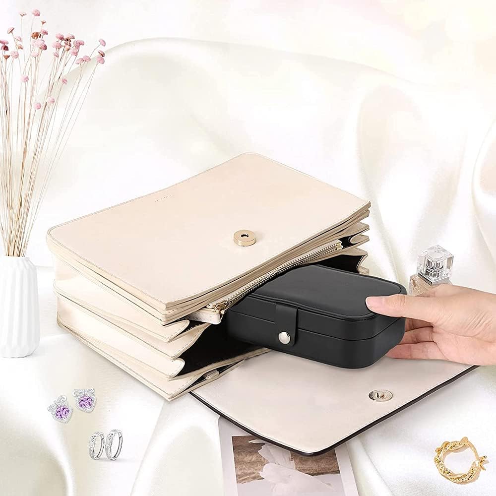 Travel Jewelry Box, PU Leather Small Portable Travel Case Jewelry Organizer for Women Girls, Double Layer Mini Display Storage Holder Boxes for Stud Earrings, Rings, Bracelet, Necklace (Black)