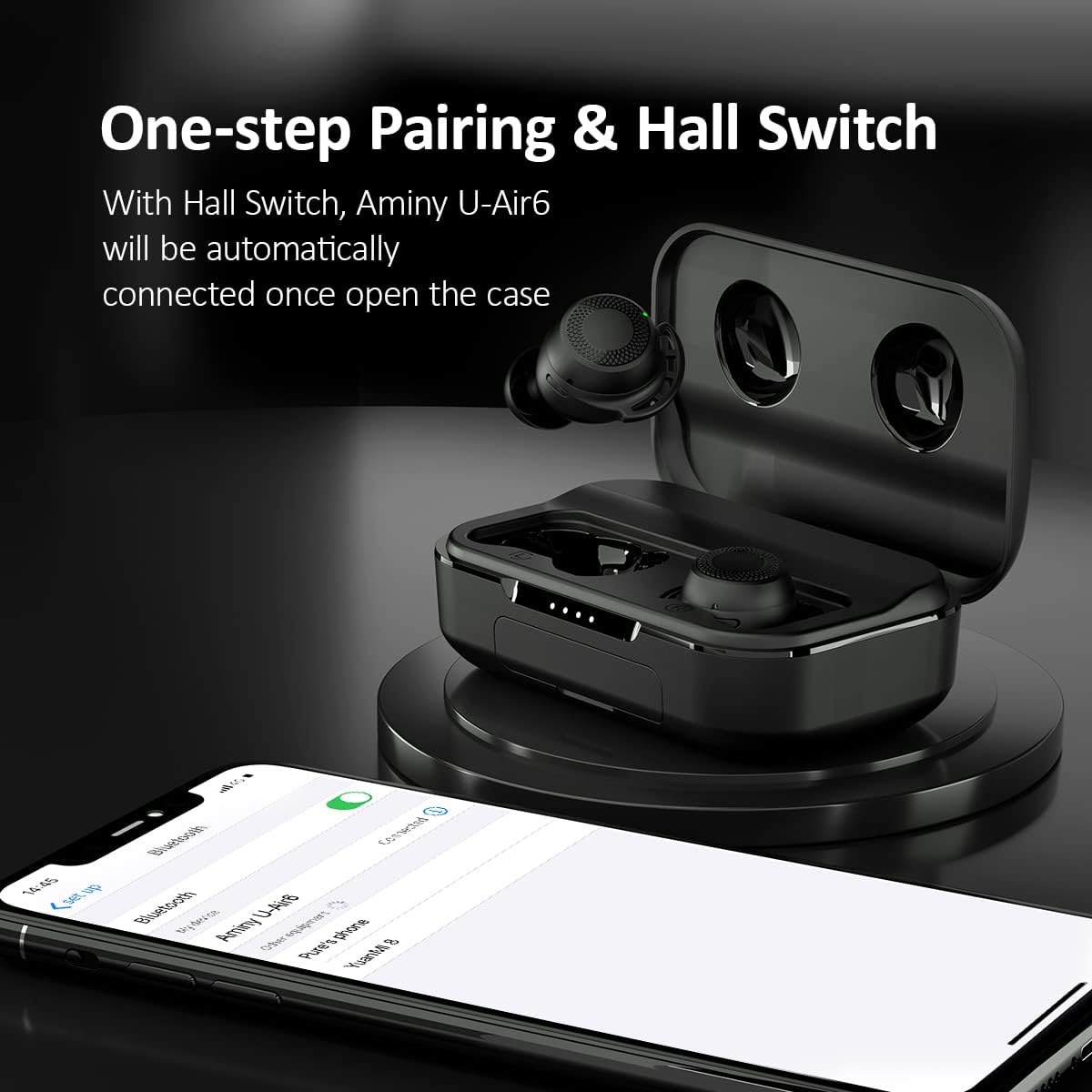 Diagram illustrating the one-step pairing process for AMINY U-Air6 earbuds with a smartphone.