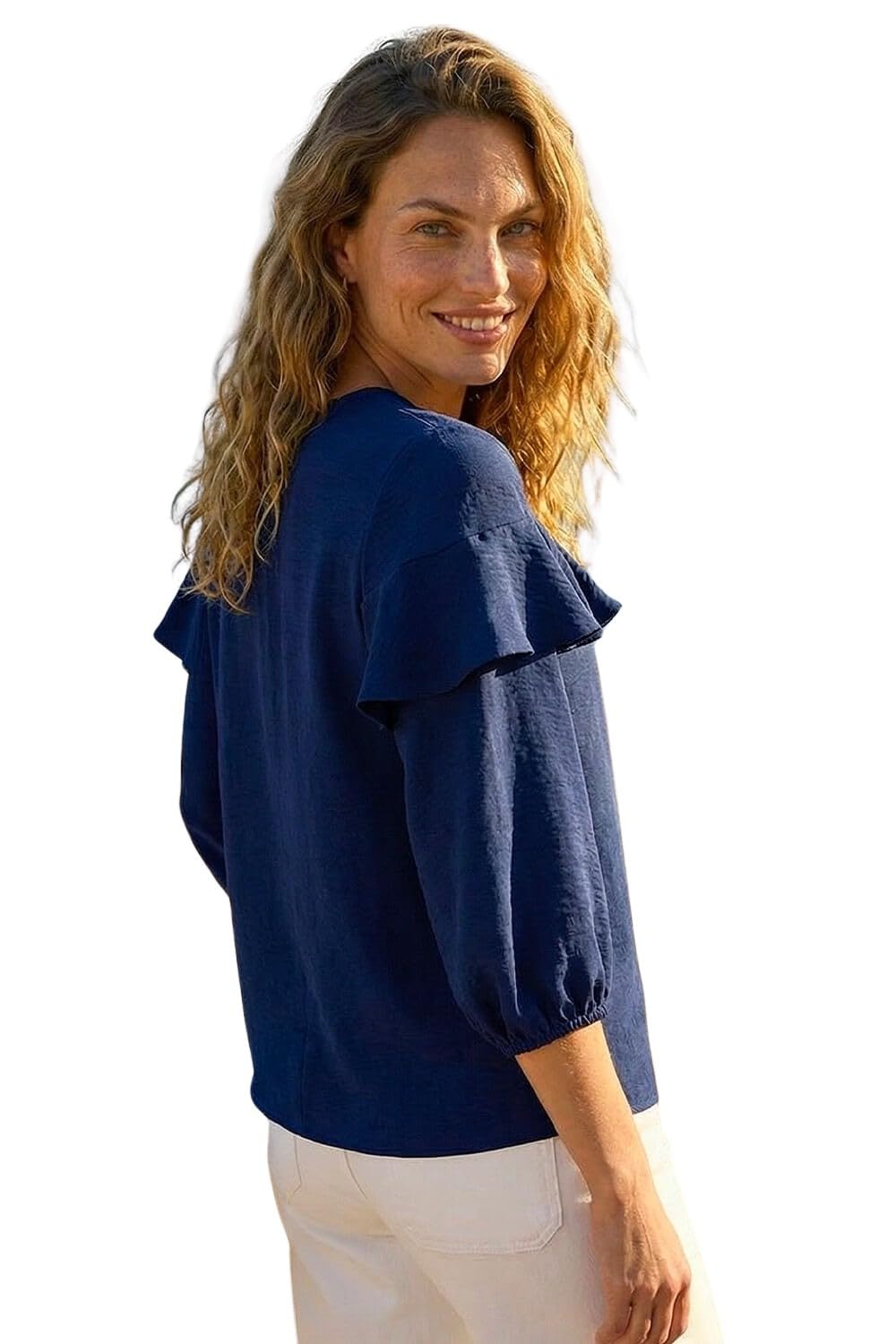 Roman Originals Women's Navy Frill Front Woven Top For Uk - Everyday Holiday Spring Summer V-Neckline Comfy Soft Evening Vacation Work Party - Size 16