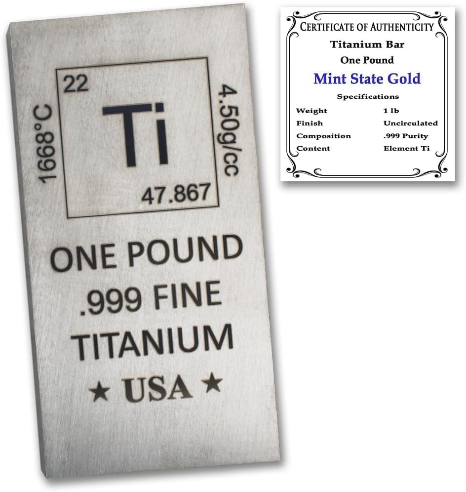 MINT STATE GOLD 1 LB Titanium Bar Bullion Paperweight - 999 Pure Chemistry Design with Certificate of Authenticity
