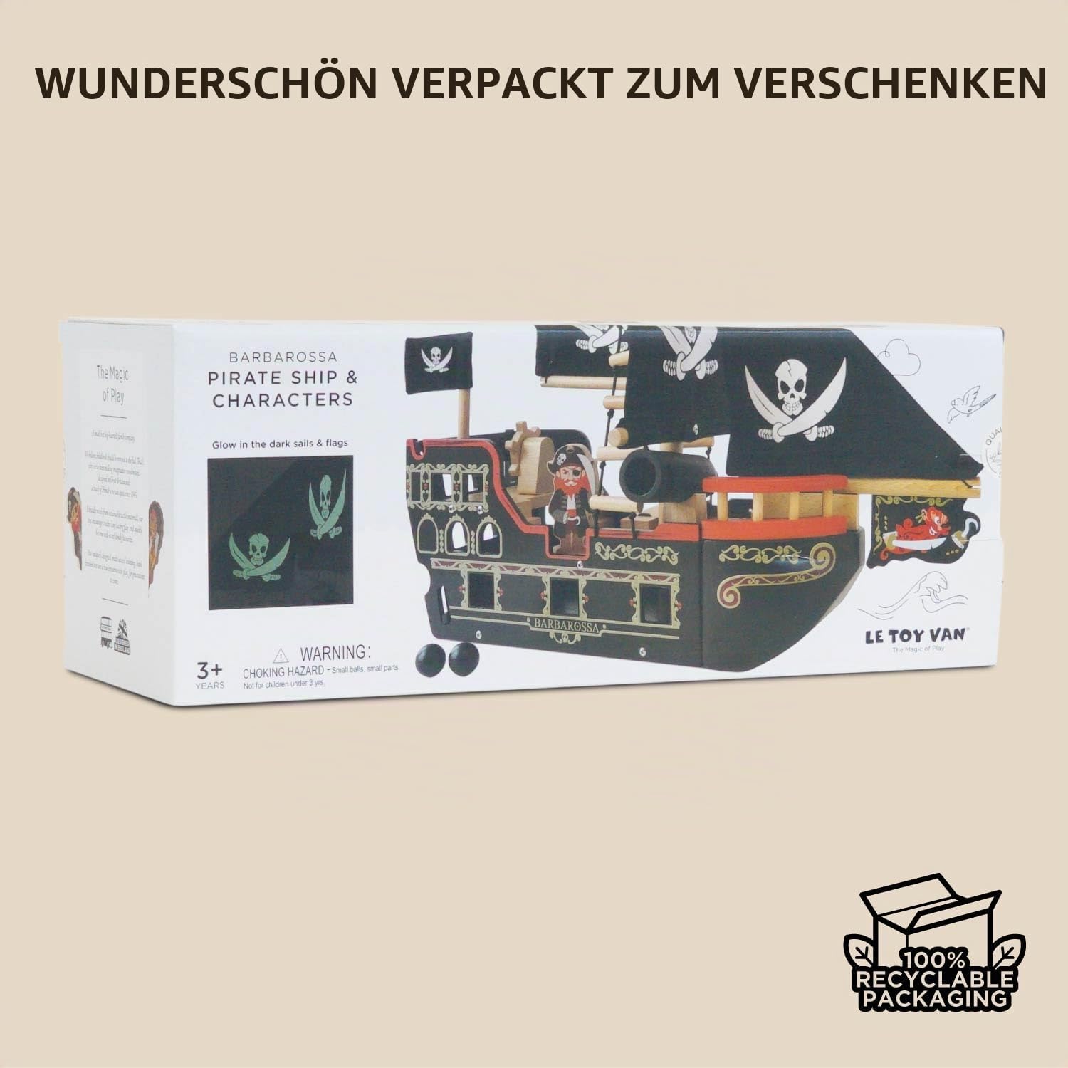 Le Toy Van – Pädagogisches Pirates Collection Piratenschiff „Barbarossa“ aus Holz, mit Kanone, Kanonenkugeln, Planke, Falltür und Anker | Rollenspiel Piratenspielzeug, TV246