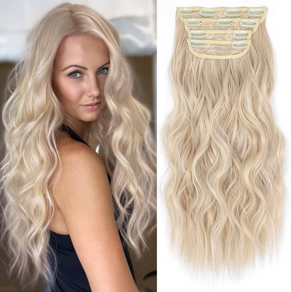 Clip in Long Wavy Synthetic Hair Extension 20 Inch 4PCS Ash Brown Mixed Light Blonde Hairpieces Fiber Thick Double Weft Hair Extension for Women(4pcs,