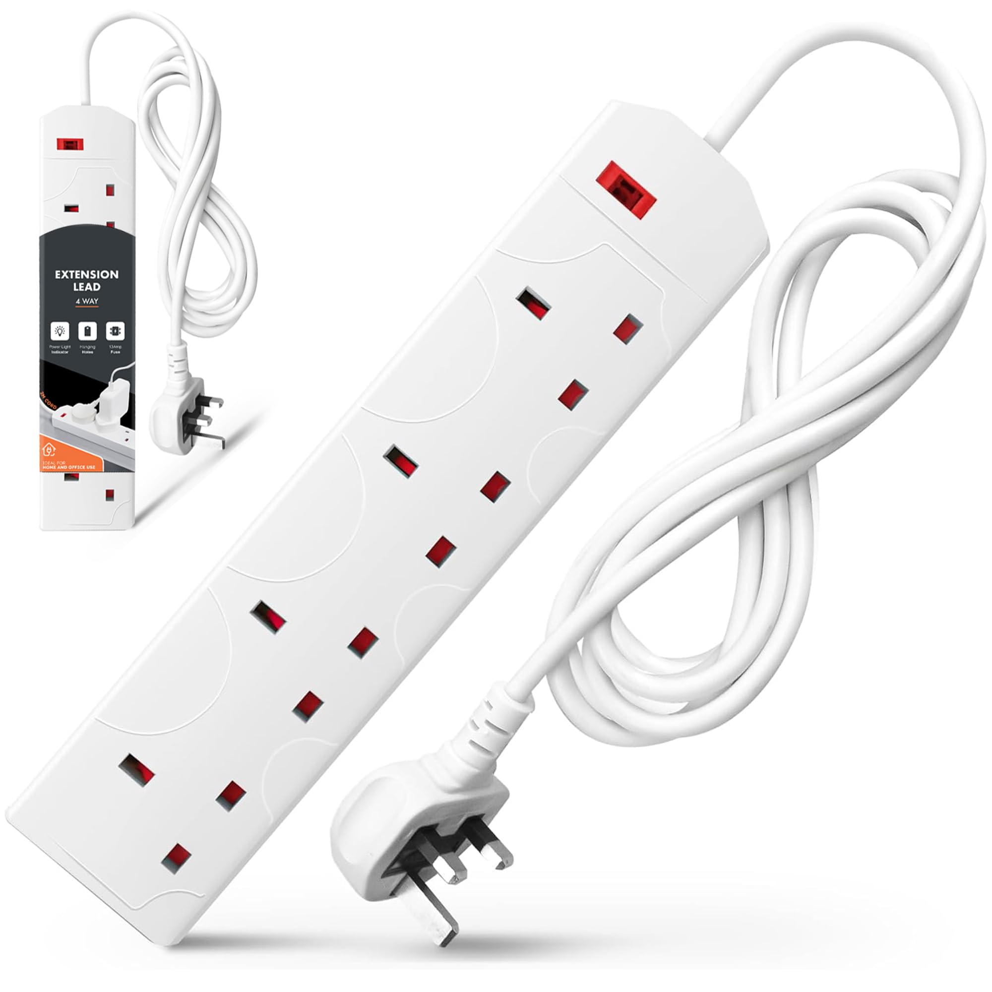 Wolf Power Heavy Duty Extension Lead UK Pin Plug and Cable, 4 Gang Way 2m Power Adapter, Multi Socket Mains Strip (White, 1 Pack)