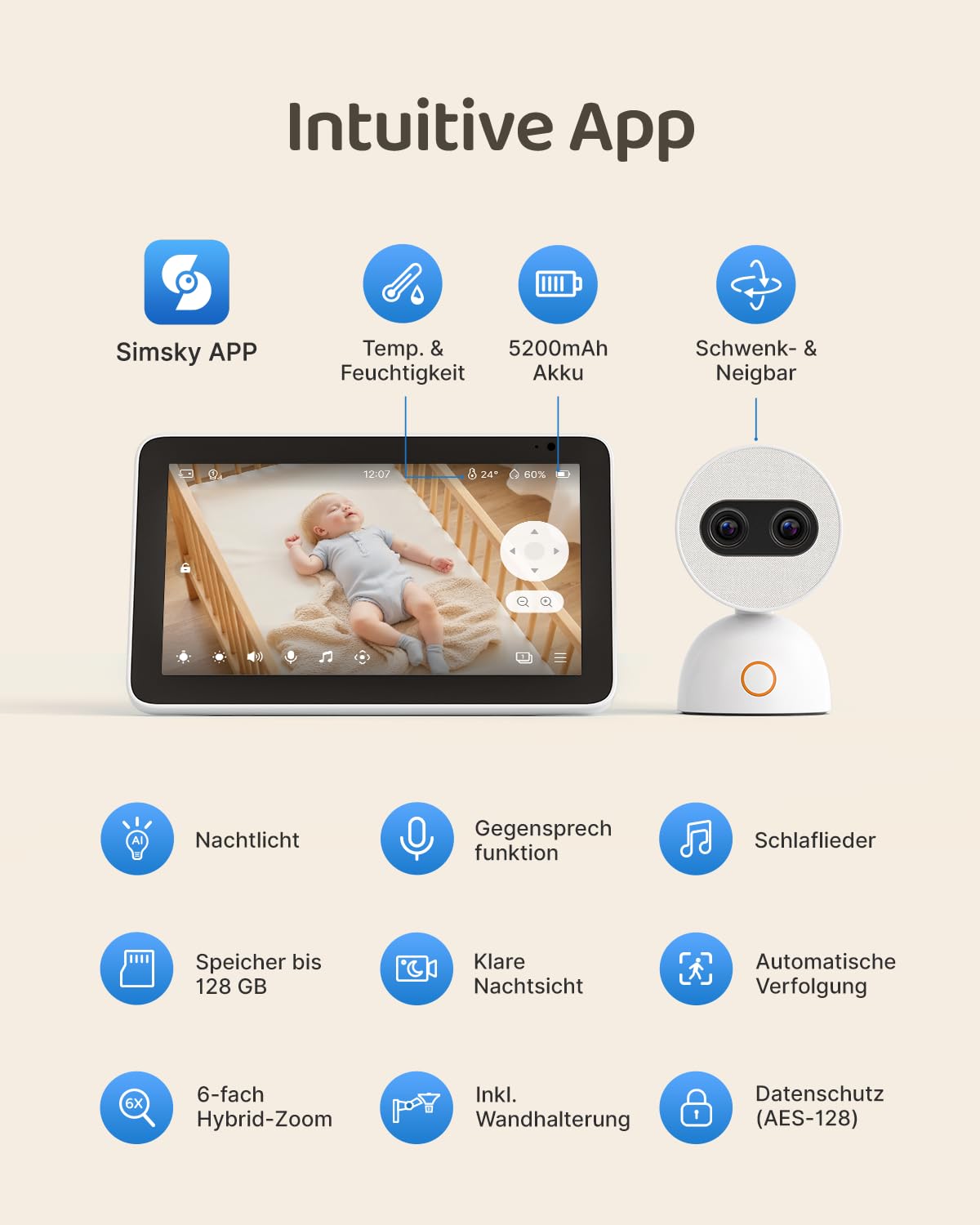 Babyphone mit Kamera 7" Touchscreen + Flexible Klemmhalterung Set | Praktisches Komplettset: 7-Zoll Babyphone-System inklusive flexibler Klemmhalterung für das Babybett.