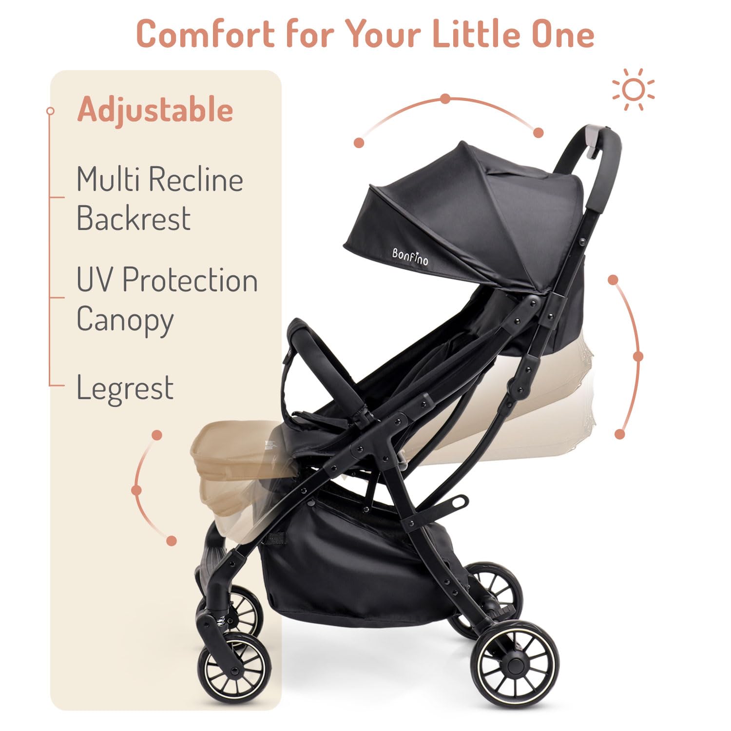 Bonfino Aero Lite Premium Baby Cruiser Stroller with 5-Point Safety Harness&Reclining Backrest, Stroller for 0-3Years Foldable, Storage Basket,Swivel Wheels,Lightweight Pram for Baby/Toddler,Black 2