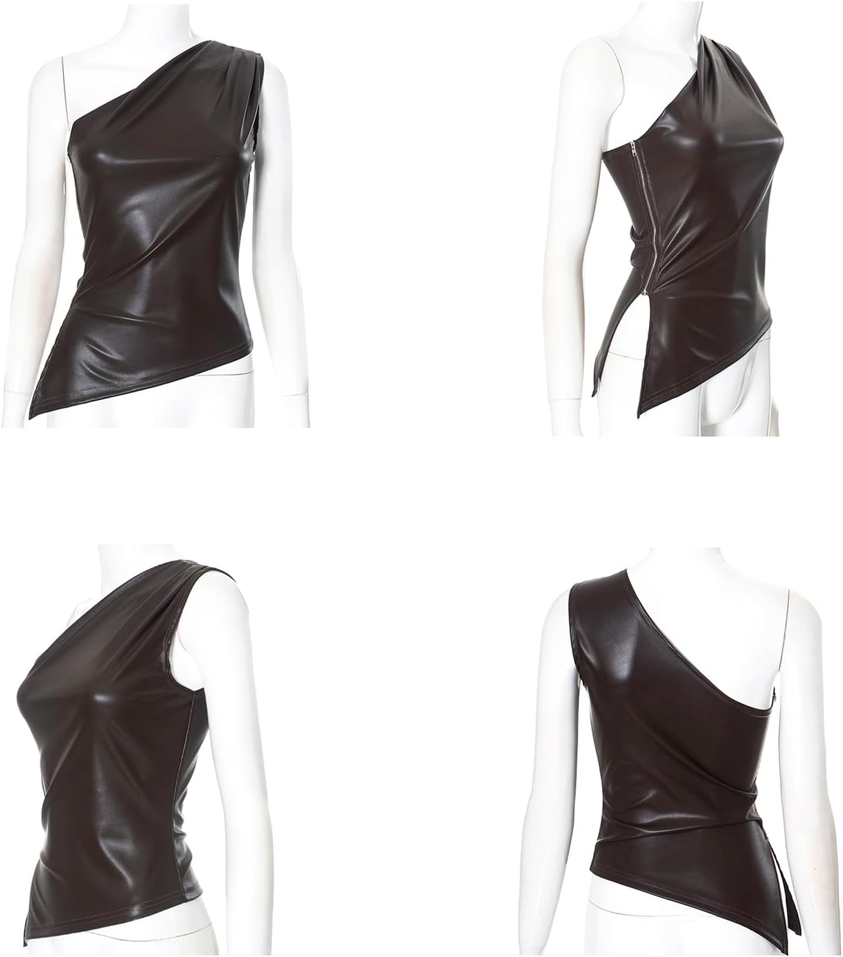 Women’s PU Leather One Shoulder Sleeveless Tank Top Cropped Tee Shirt Y2K Tops with Zipper - Image 4