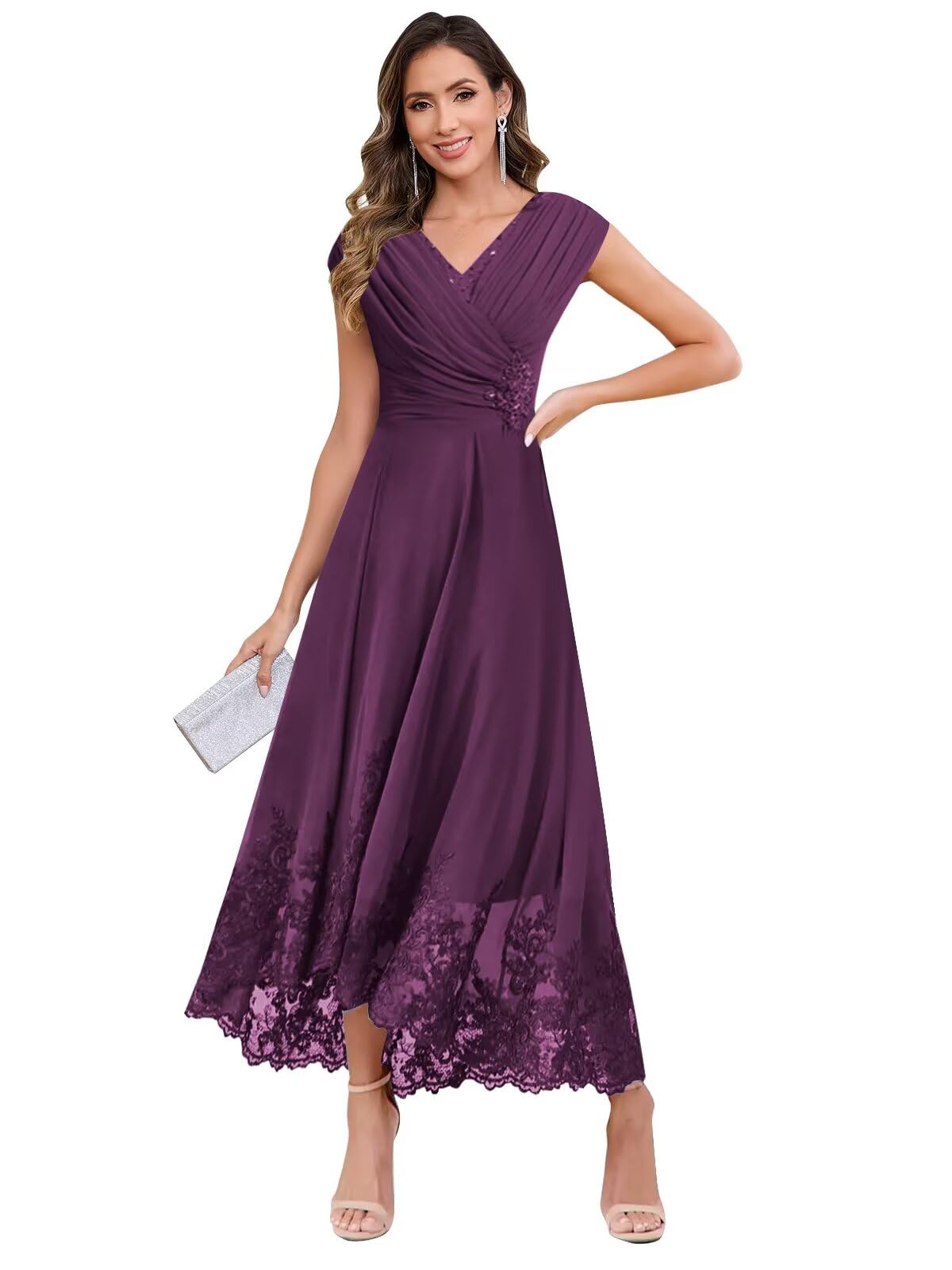 Aootumi Tea Length Mother of The Bride Dresses Chiffon Lace V Neck Cap Sleeve A Line Long Formal Wedding Guest Dress