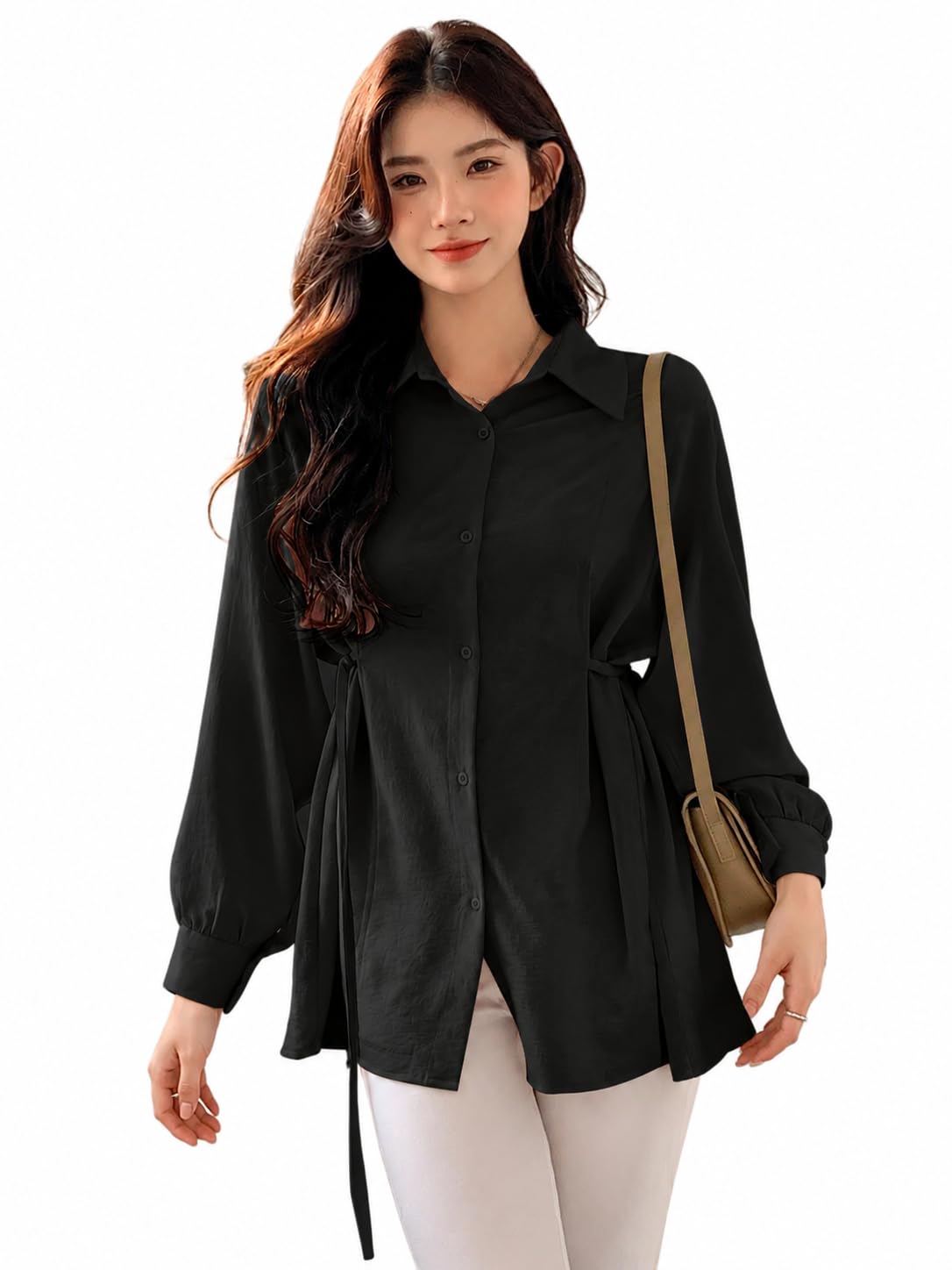 shasmi Women's Solid Long Bishop Sleeve, Pleated, Collared Oversized Button Down Casual Loose Fit Shirt with Waist Tie | Blouse for Office, Casual & Travel (Shirts 305)-picture-33