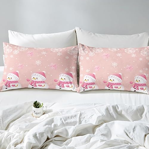 Miniatura 4 de Manfei Kawaii Snowman Duvet Cover Set Full Size, Cute Pink White Snowflake Comforter Cover with 2 Pillowcases, Christmas Theme Bedding Set 3pcs for