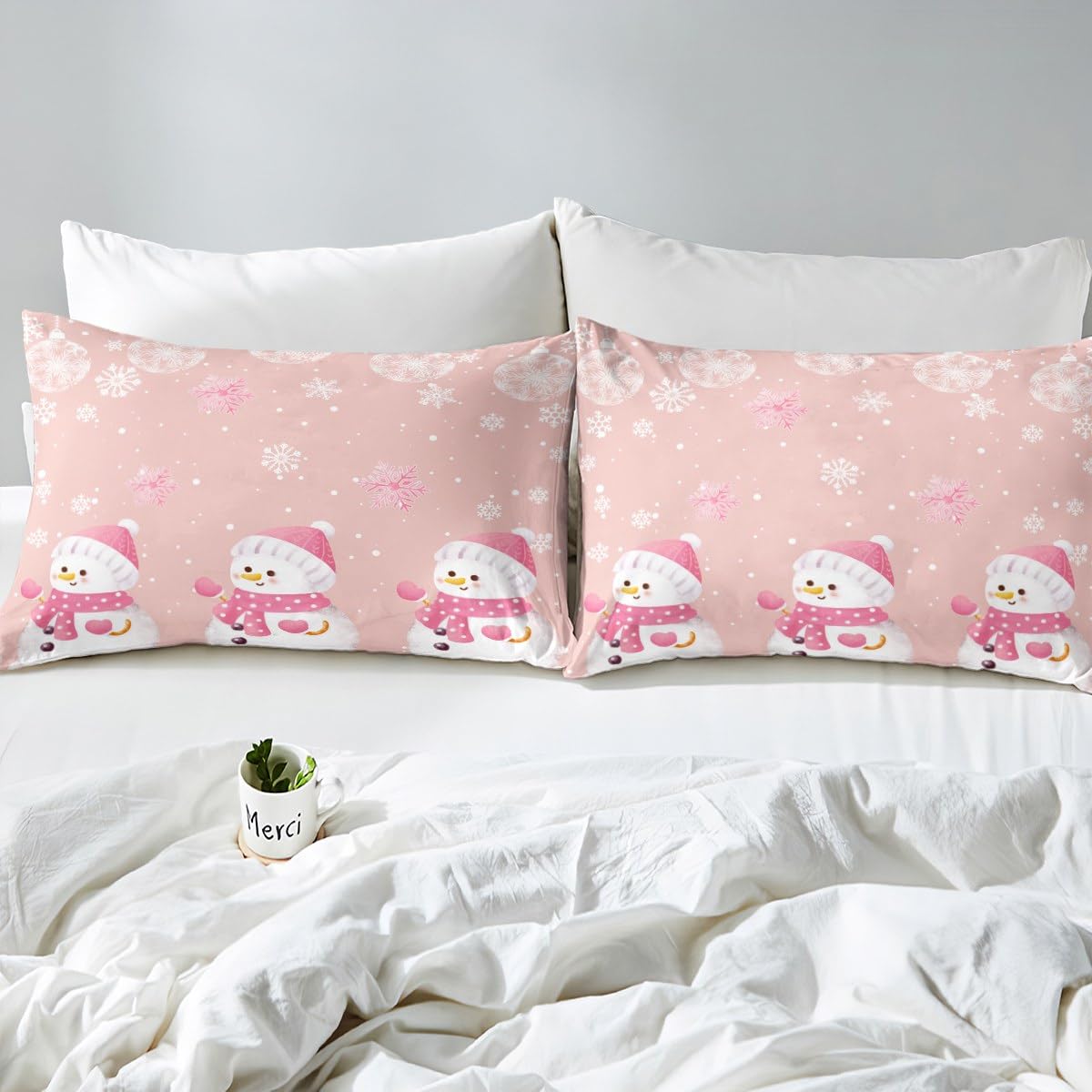 Manfei Kawaii Snowman Duvet Cover Set King Size, Cute Pink White Snowflake Comforter Cover with 2 Pillowcases - Image 4