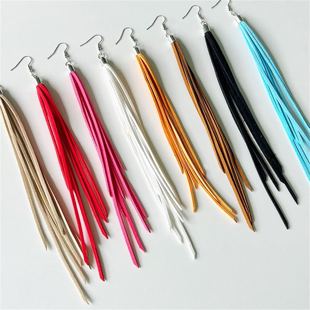 Leather Tassel Earrings Bohemian Tassel Fringe Dangle Earrings Boho Handmade Leather Feather Long Tassel Earrings Western Jewelry for Women - Image 4