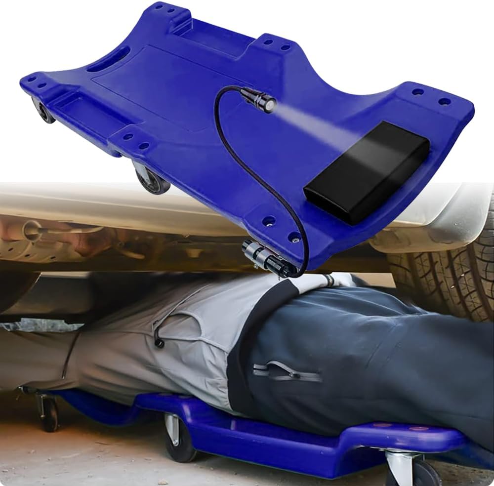 Automotive Mechanic Plastic Creeper 40In Rolling Garage Shop Creeper Low Profile Under Car Repair Tools Ergonomic Blow Molded Body Cart Creeper with Padded Headrest Tool Tray LED Light 440LBS Capacity