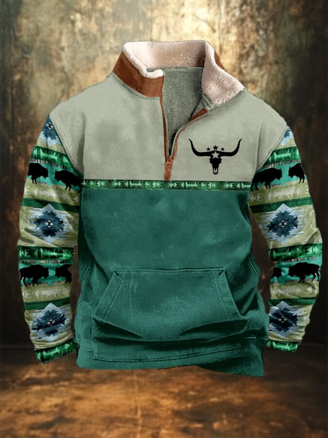 Mens Aztec Print Fleece Stand Collar 1/4 Zipper Sweatshirts Long Sleeve Pullover Western Cowboy Country Hoodies2