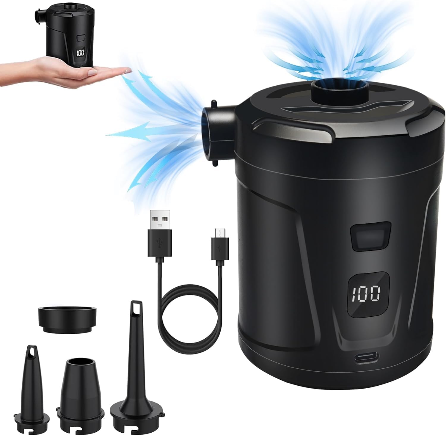 X springElectric Air Pump for Inflatables, Portable Air Pump for Pool, Air Bed, Boat Toys, Rechargeable Mini Electric Air Pump with Inflator/Deflator, 5200mAh Portable Air Pump with 4 Nozzles