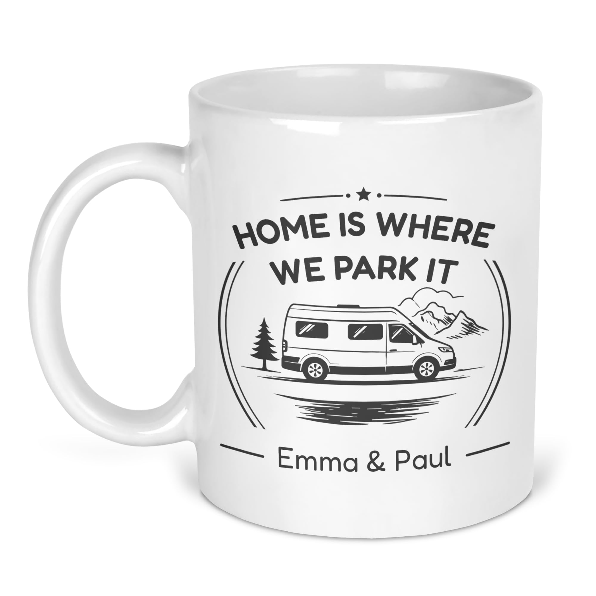 Chicken Craft Personalised Campervan Mug with Name - Panel Van Grey Home is Where We Park It Camping Gift