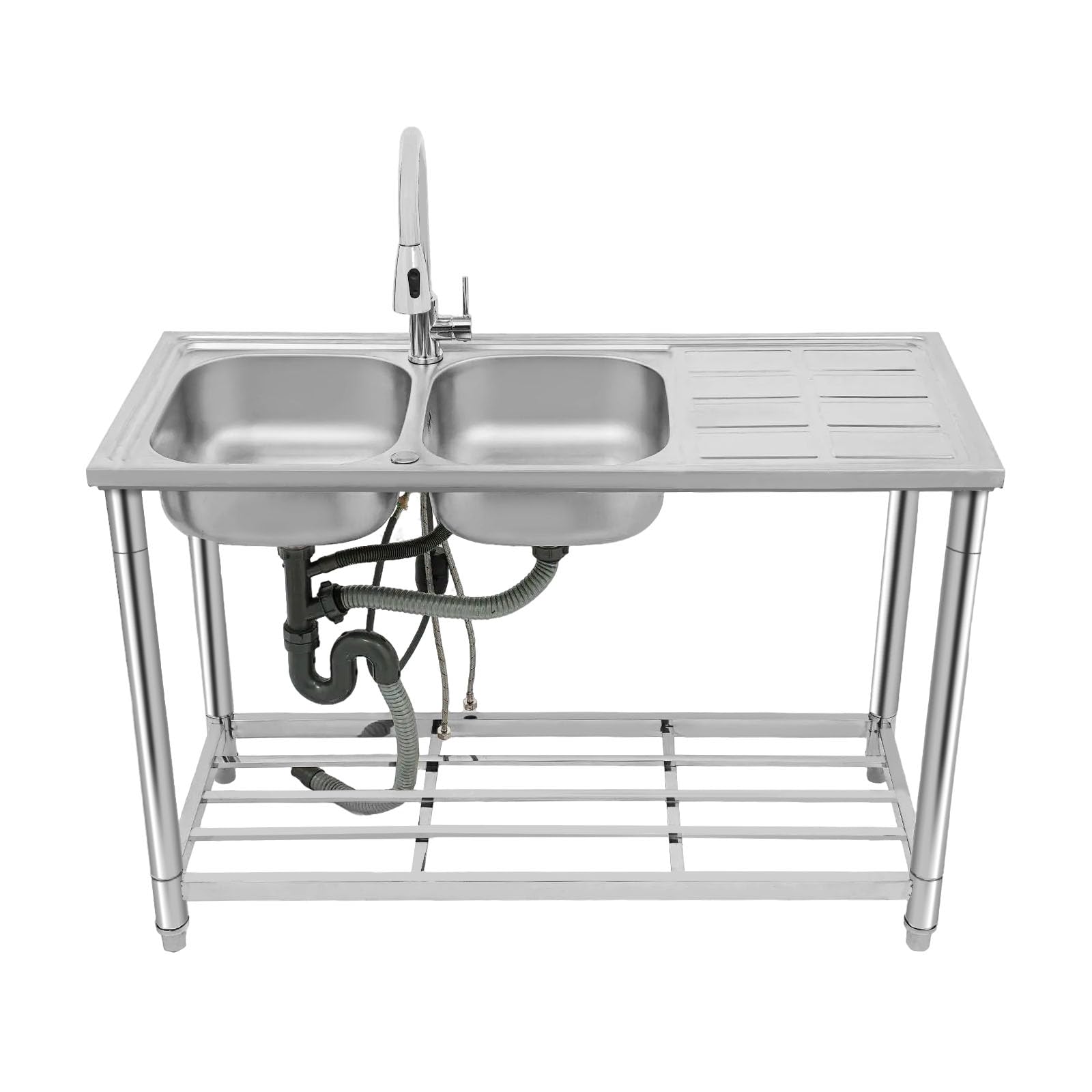 Fregadero de cocina independiente, 120 x 50 x 80 cm, de 2 cámaras, de acero inoxidable, con grifo extensible de 360 ° y lado de estante, patas ajustables para cocina, restaurante, garaje, plateado