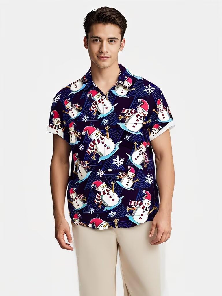 Gwnnb Christmas Shirt for Men Short Sleeve Regular Fit Retro Casual Button Down Holiday Hawaiian Shirts