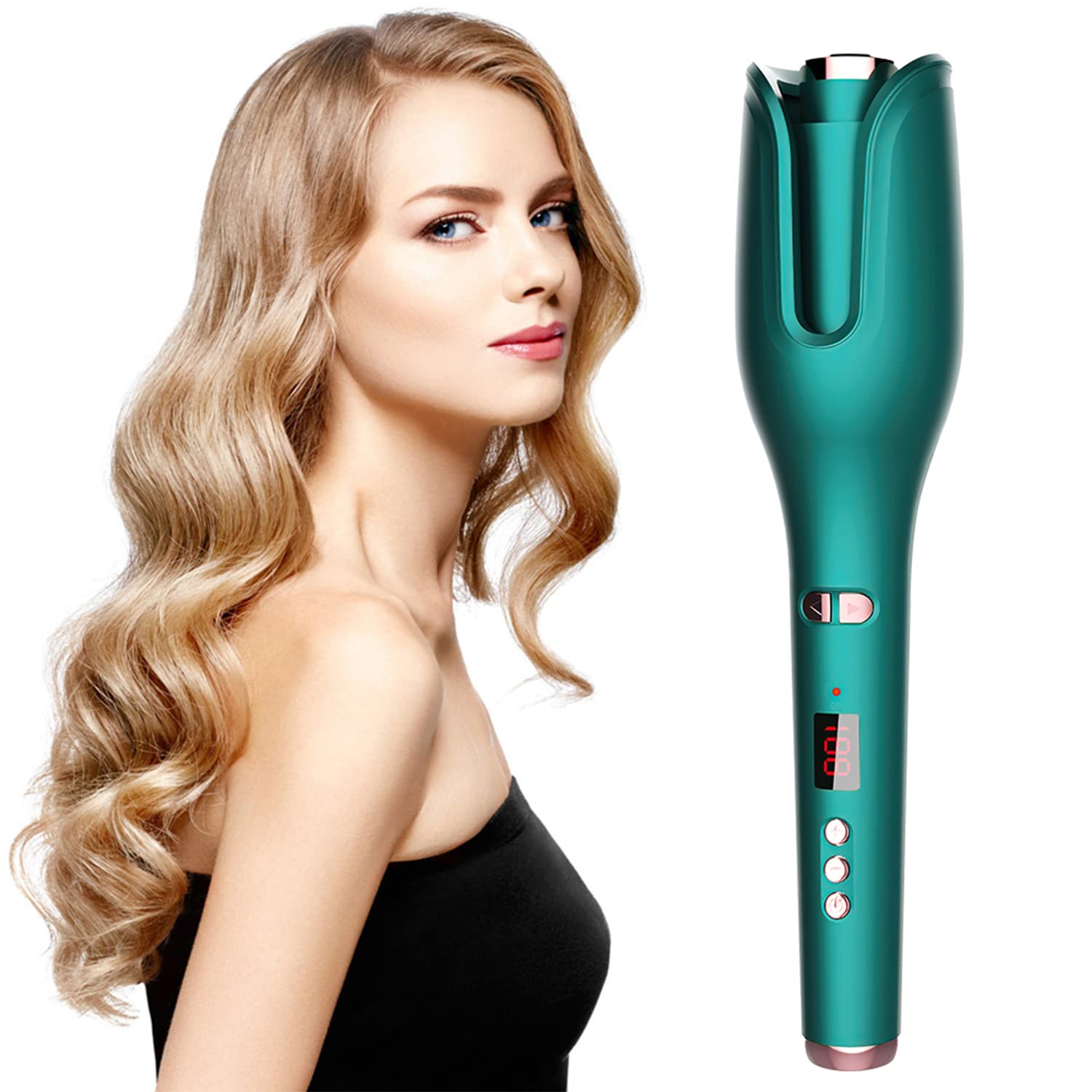 RODASON Automatic Hair Curler, LCD Ceramic Electric Curling Iron, Rotating Hair Curlers Wavy Curly Style Tools (Green)
