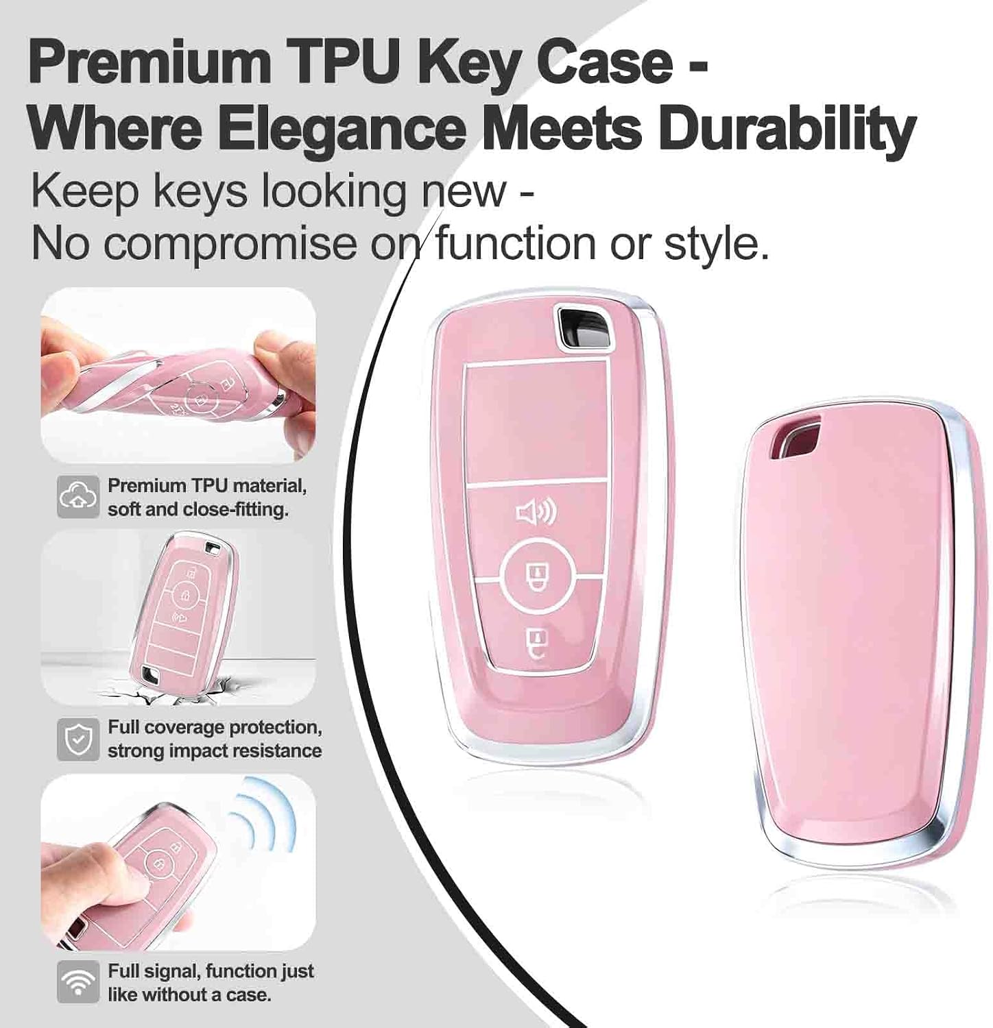 Key Fob Cover for Ford - Premium Soft TPU Shell Full Protection Case with Keychain, Fits Bronco Maverick Ranger Escape Edge EcoSport Explorer Expedition Mustang F150 F250 F350 Fusion, Pink 3-Button image 3