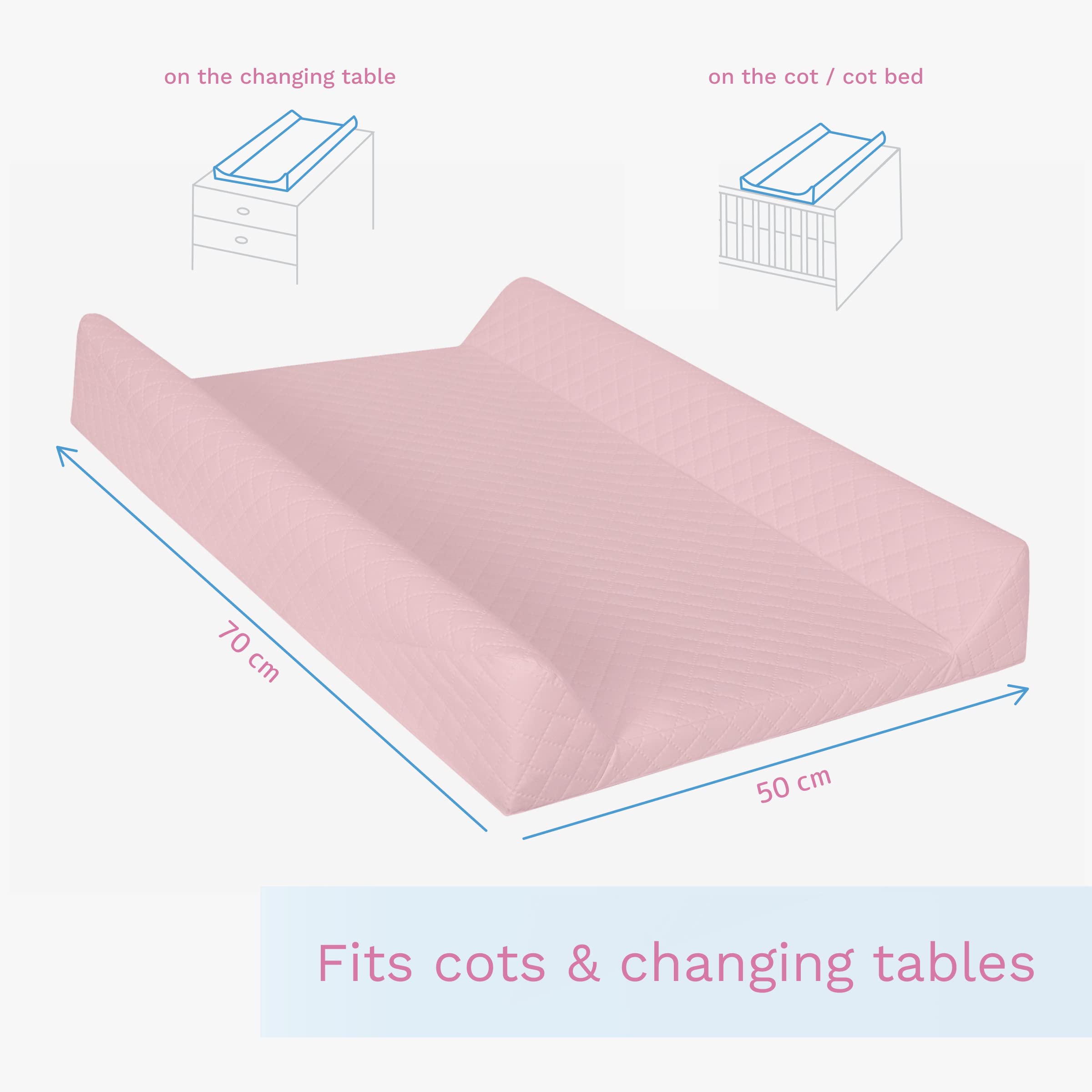 Baby Hard Base Changing Mat/Top Changer 70x50 cm fits 120x60 cm Cot Unisex Wedge Anti Roll Nappy Newborn Baby Waterproof Changing Mat with Raised Edges (Caro Pink) - 5