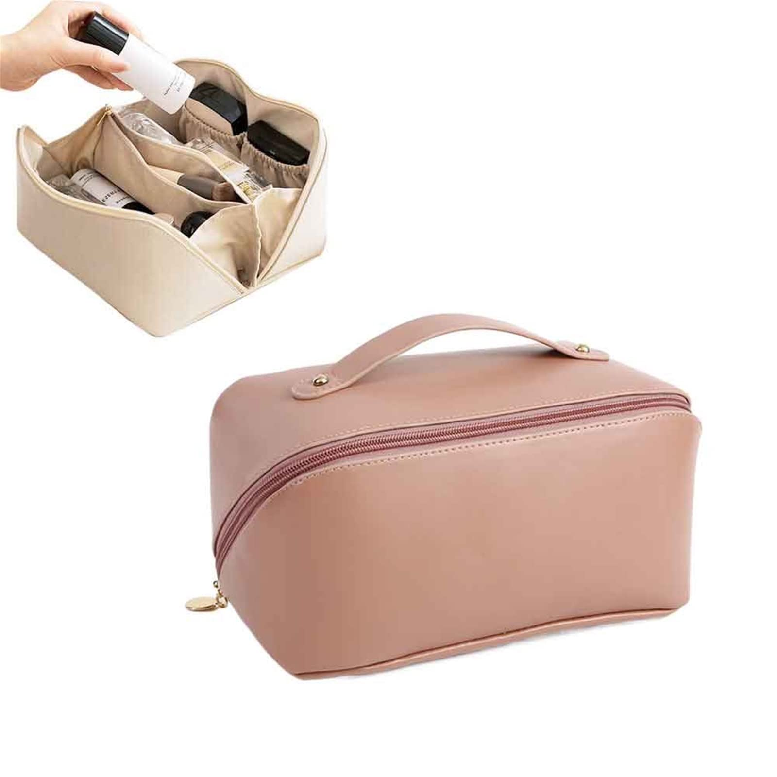 WBOOO Large Capacity Travel Cosmetic Bag, Multifunction Organizer Storage Bag, Leather Waterproof Bag, Makeup Bag with Handle and Dividers, Skincare Dispenser, Toiletry Bag for Women