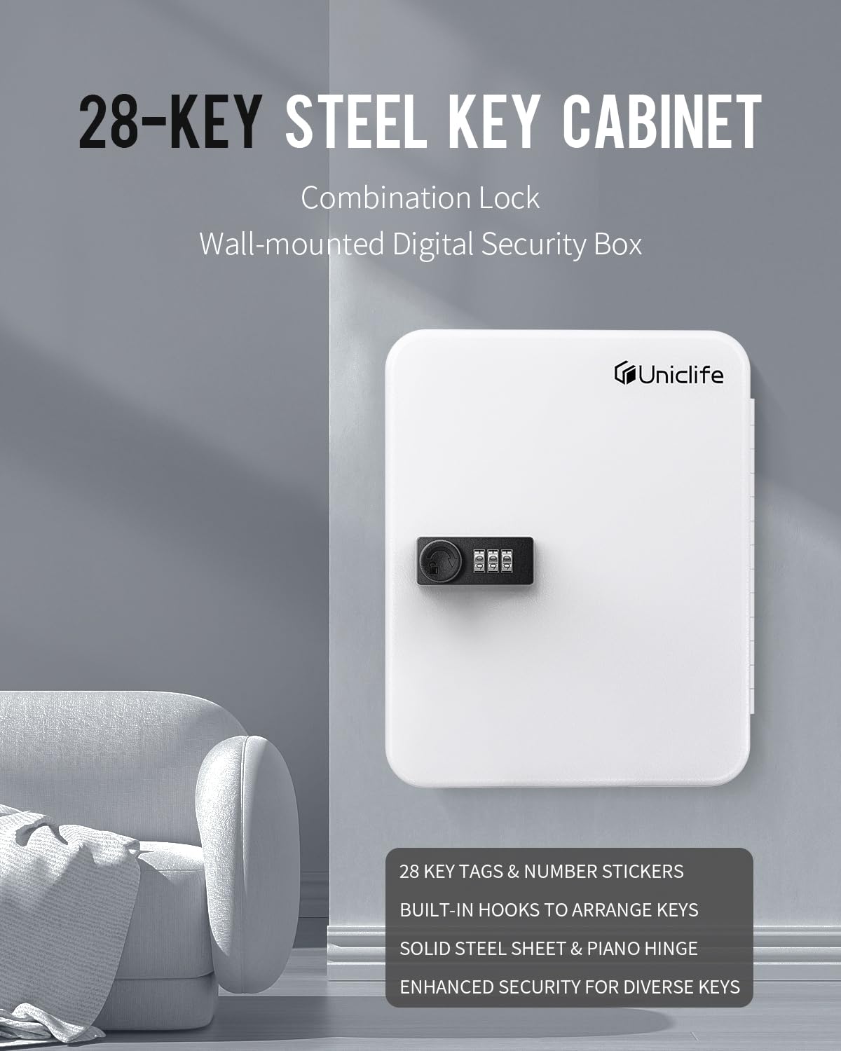 Uniclife Armadietto portachiavi a 28 chiavi in acciaio con serratura a combinazione, organizer per chiavi da parete con codice ripristinabile, scatola di sicurezza digitale bianca con ganci e