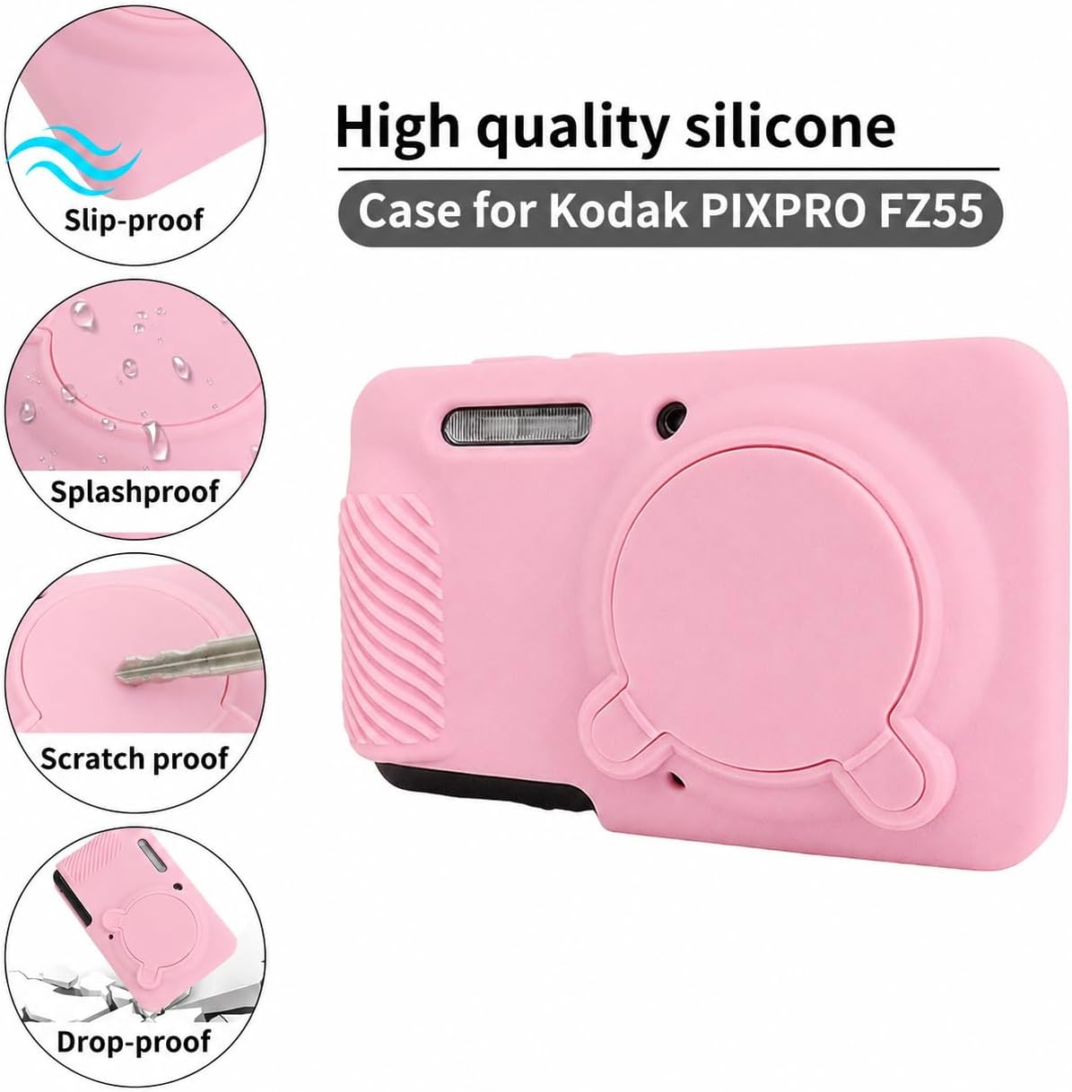 Rieibi Silicone Case for Kodak PIXPRO FZ55 Case, Accessories for Kodak PIXPRO FZ55 Camera Case with 2 Pcs Screen Protectors, Detachable Lens Cover for PIXPRO FZ55 Camera, Pink