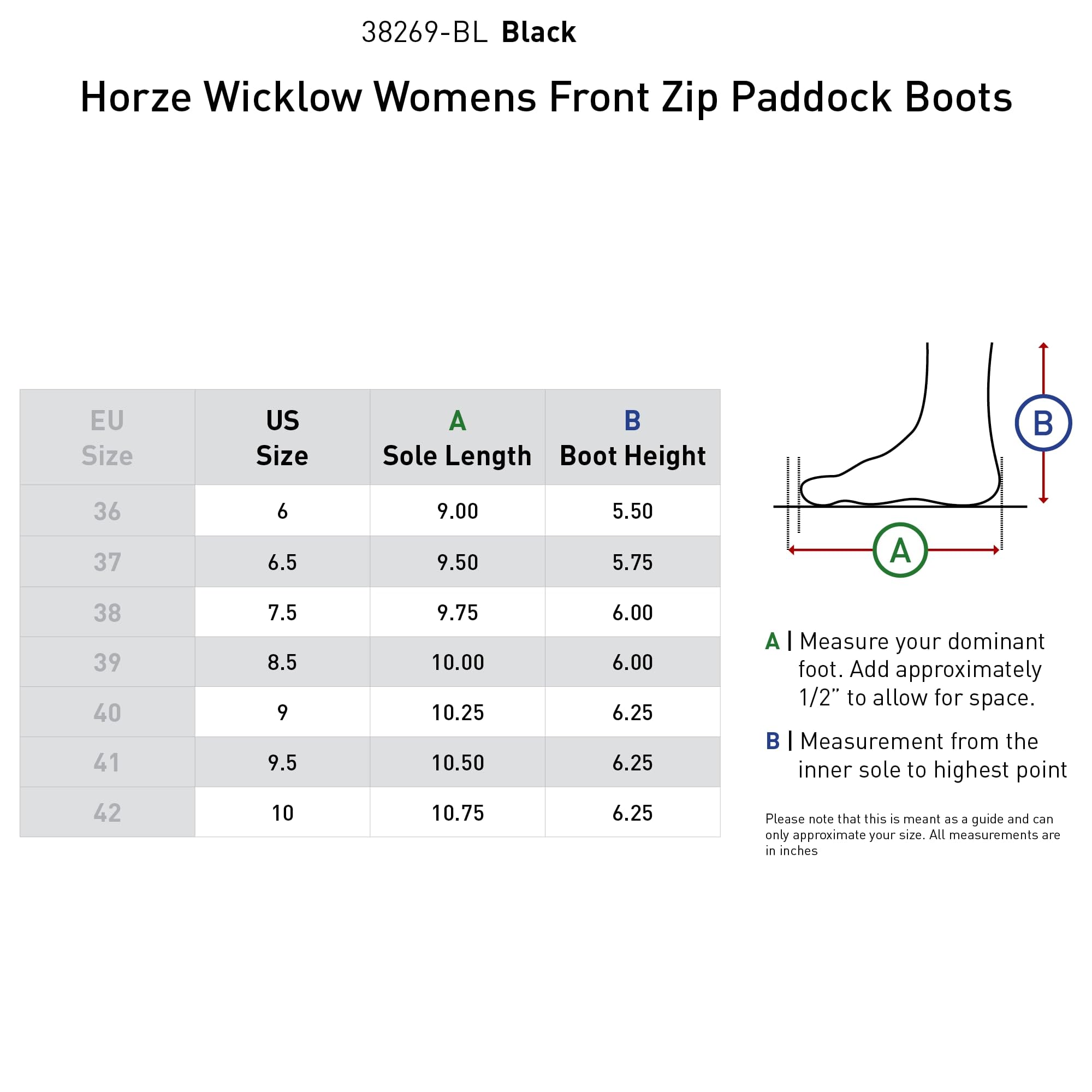 HORZE Wicklow Womens Front Zip Paddock Boots - Black - 8.5