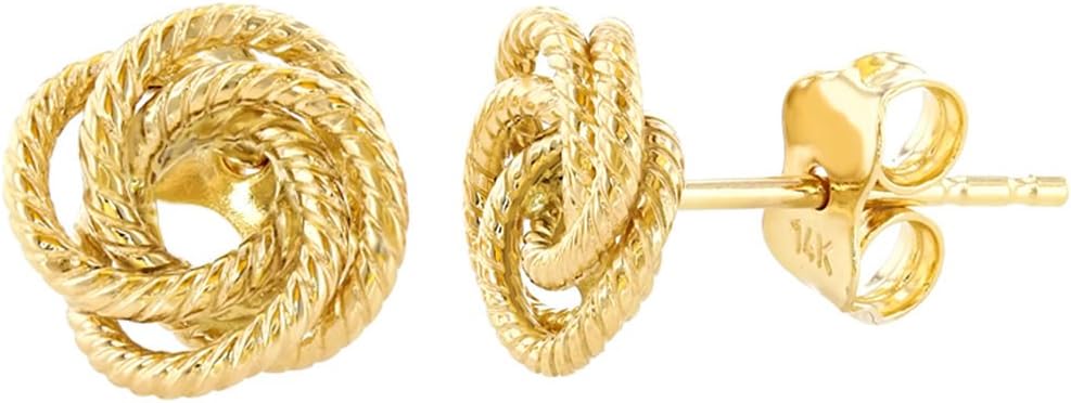 14K Yellow Gold Twisted Love Knot Stud Rope Earrings, 9mm