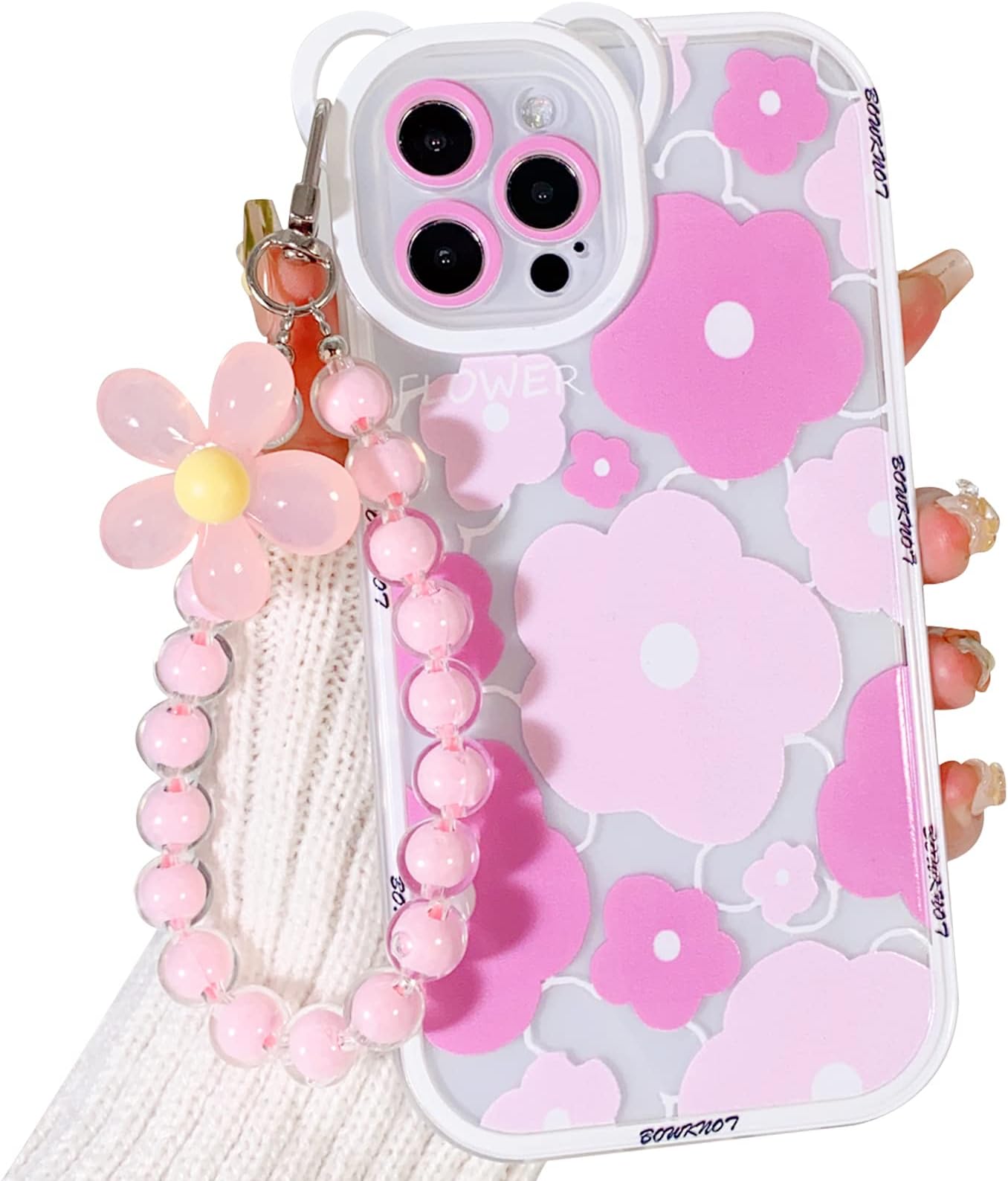 NITITOPCompatible for iPhone 12 Pro Max Case with Lovely Flower Bracelet Chain Clear Floral Bear Camera Lens Case for Women Girls, Soft TPU- Bear Pink